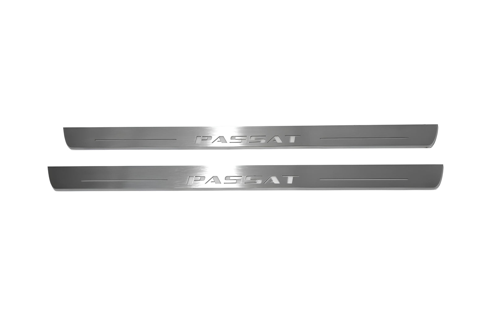 Volkswagen Passat B8 2015+ LED door sill plates in stainless steel with Passat logo