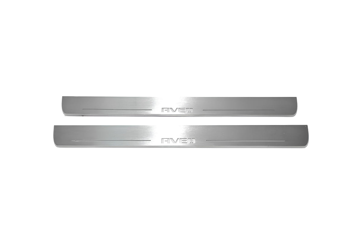 Two long silver-finished door sill plates with Aveo lettering on a light background, straight-on view.
