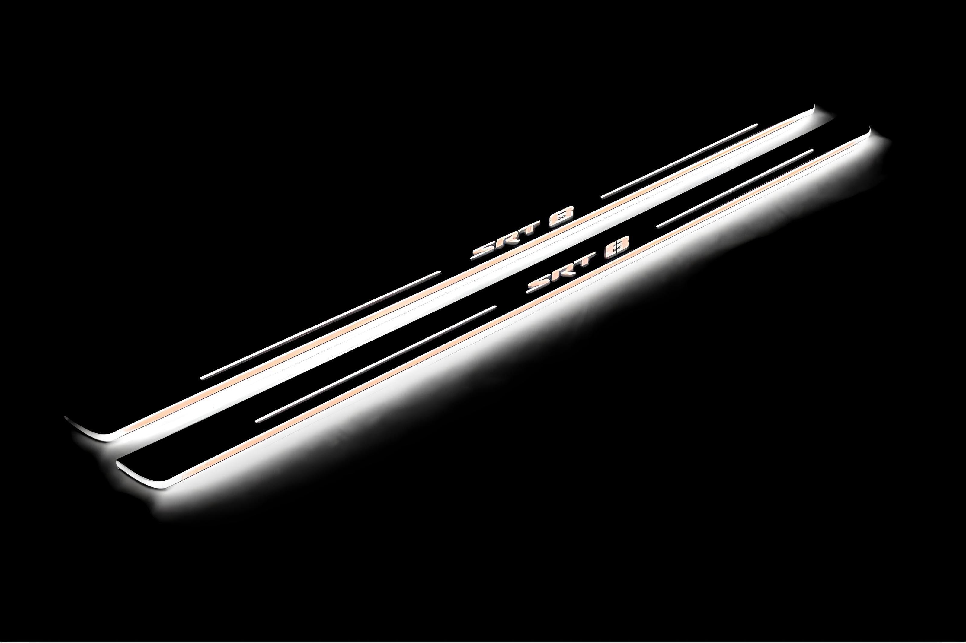 Illuminated LED Door Sill Tread Plates Dodge Challenger 2008-2023 With SRT8 Logo Dodge Led Door Sills opdesign