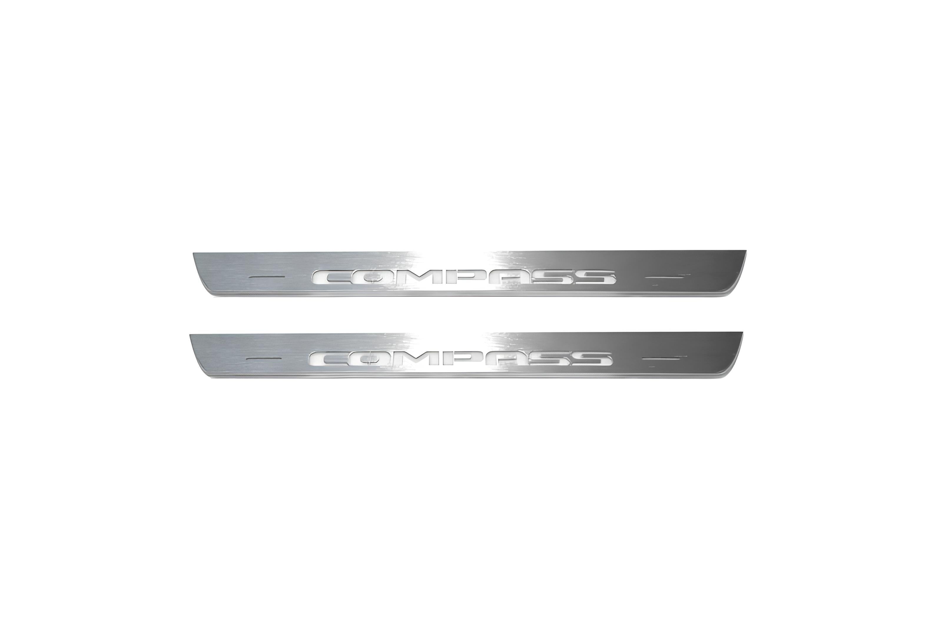 Illuminated LED Door Sill Tread Plates Jeep Compass II 2016+ With Compass Logo Jeep Led Door Sills opdesign