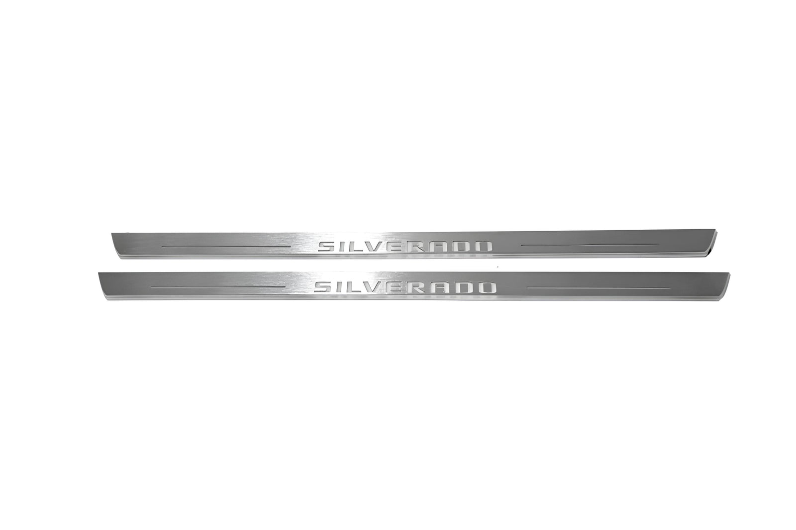 LED door sill plates Chevrolet Silverado III 2014+ in stainless steel with Silverado logo