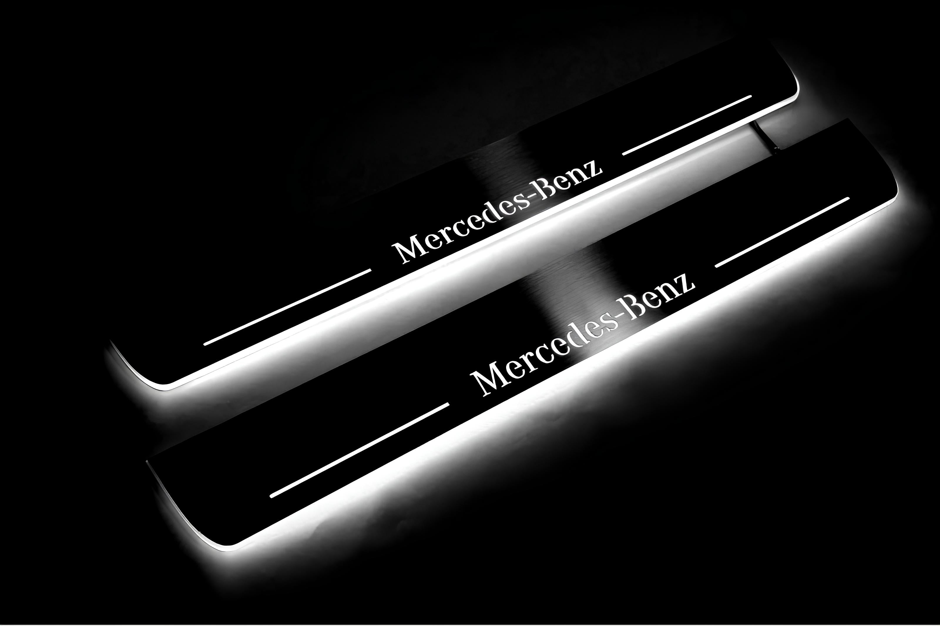 Illuminated LED Door Sill Tread Plates Mercedes GL X164 2006-2012 With Mercedes-Benz Logo Mercedes Led Door Sills opdesign