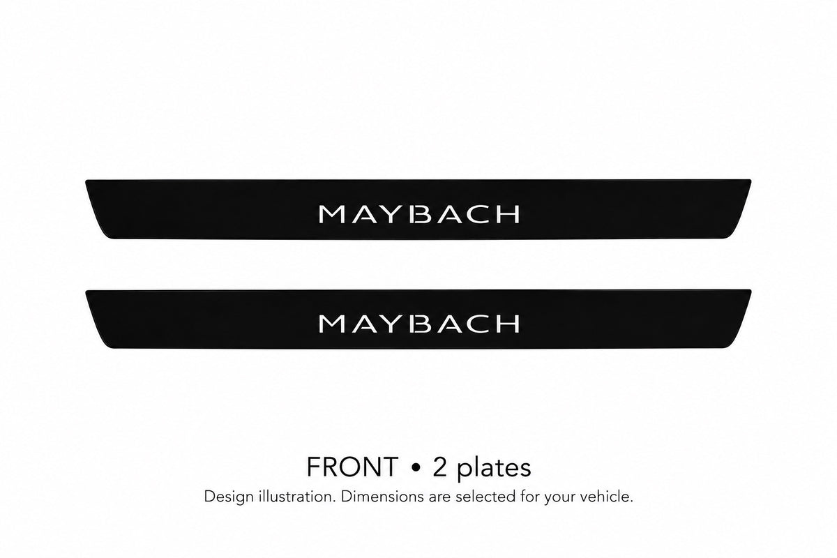 Matte PRO MAYBACH design illustration: two front plates, black painted body with white top lettering and unlit edges. Dimensions selected for the vehicle; not to scale.