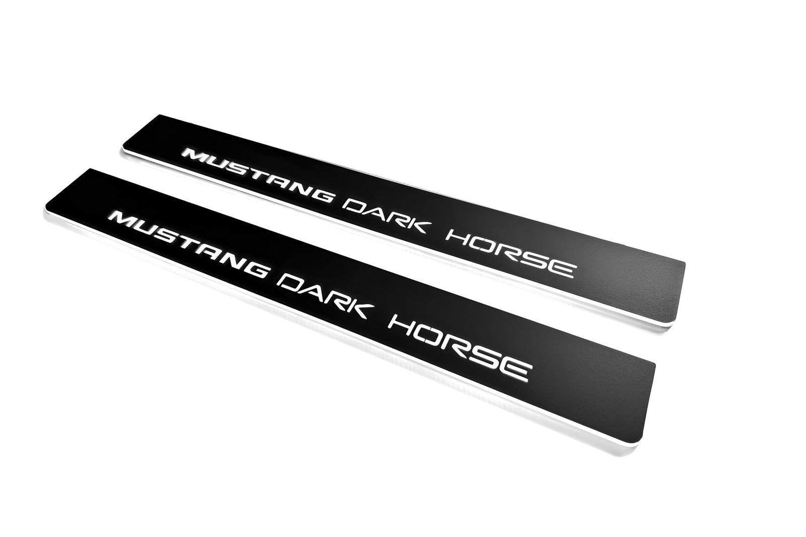 Ford Mustang VII S650 2023+ LED door sill plates in stainless steel with Mustang Dark Horse logo