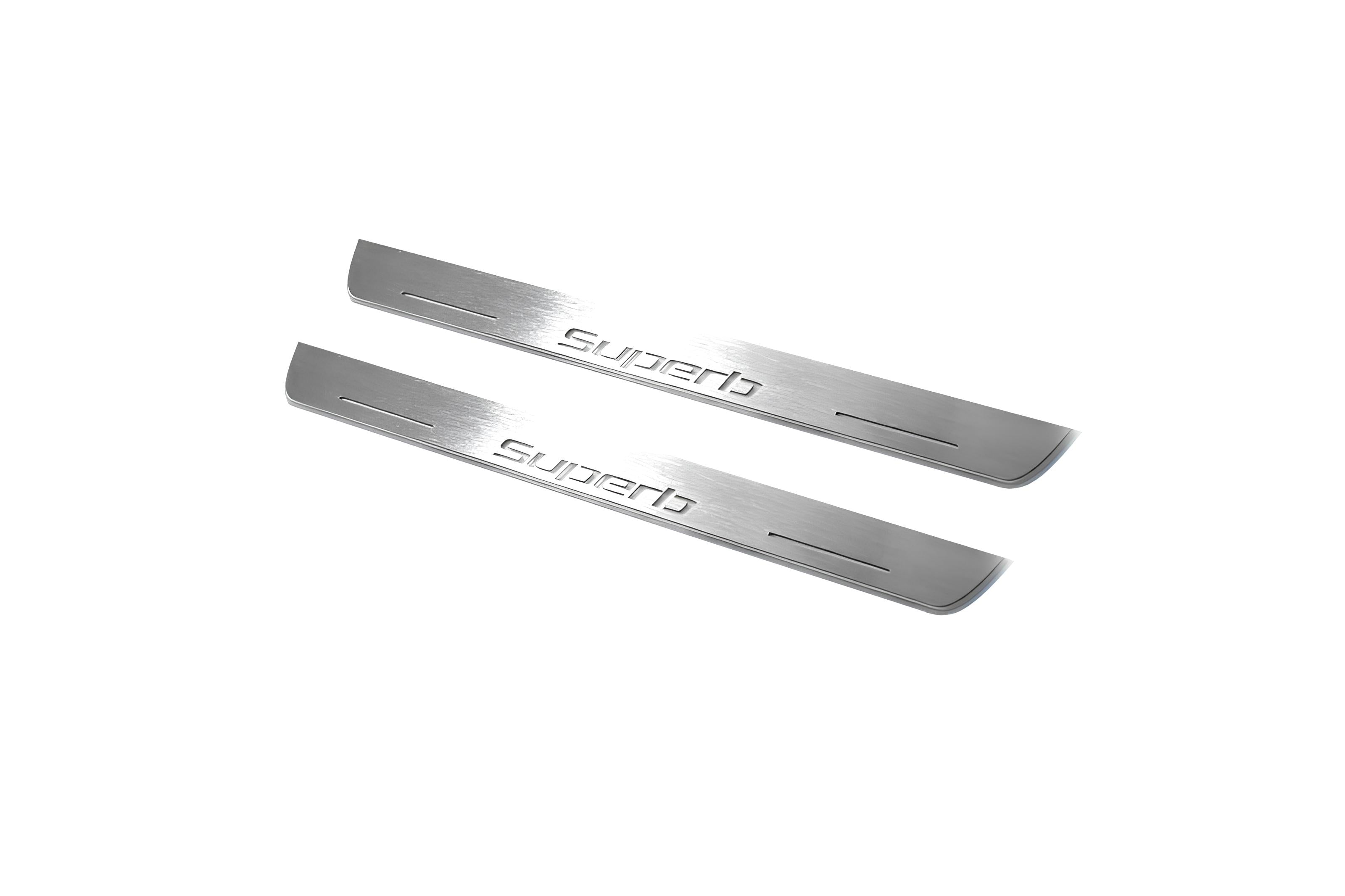 Illuminated LED Door Sill Tread Plates Skoda SuperB II 2008-2015 With SuperB Logo Skoda Led Door Sills opdesign