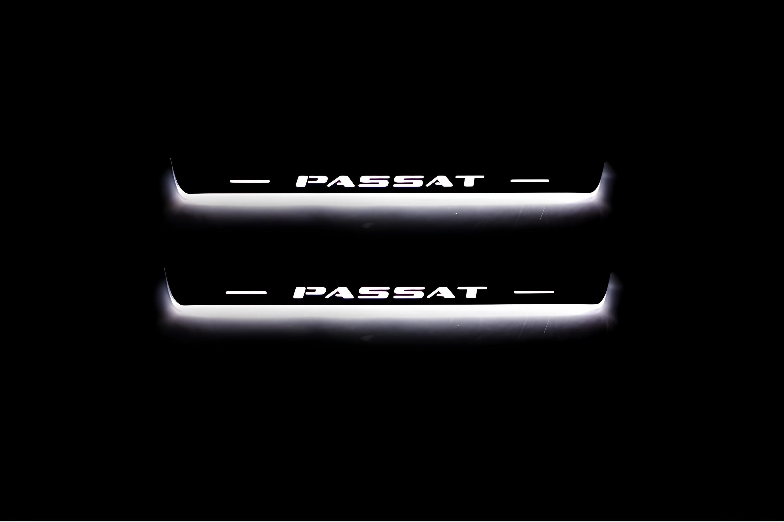 Illuminated LED Door Sill Tread Plates Volkswagen Passat B7 USA 2011-2019 With Passat Logo (type 1) Volkswagen Led Door Sills opdesign