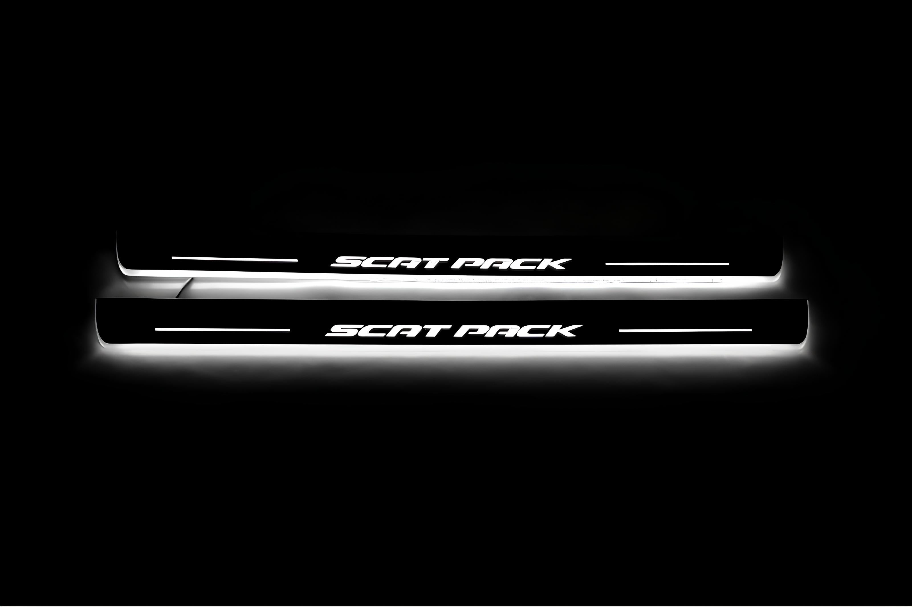 Illuminated LED Door Sill Tread Plates Dodge Charger 2023+ With Scat Pack Logo Dodge Led Door Sills opdesign