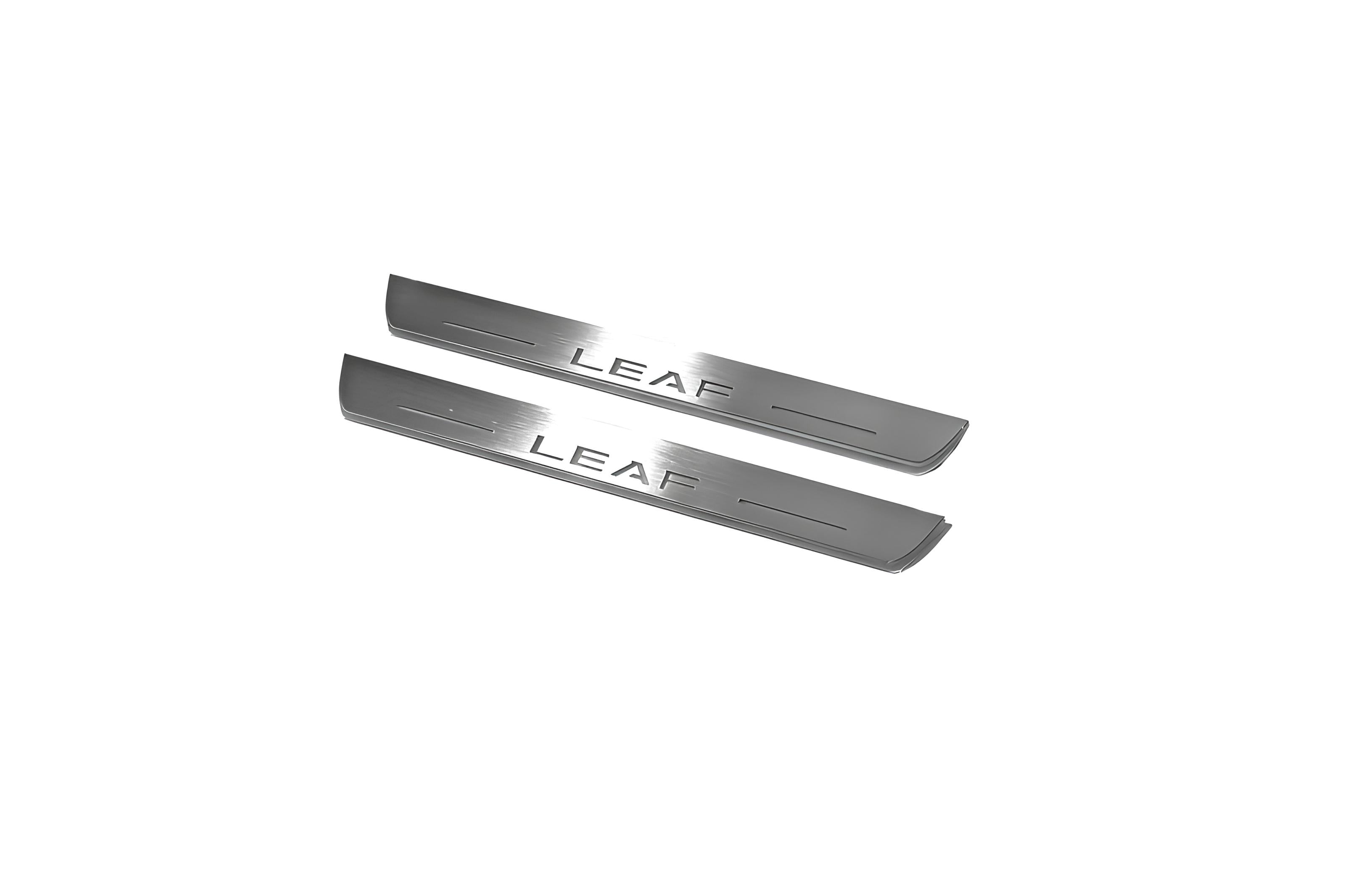 Illuminated LED Door Sill Tread Plates Nissan Leaf II 2017+ With Leaf Logo Nissan Led Door Sills opdesign