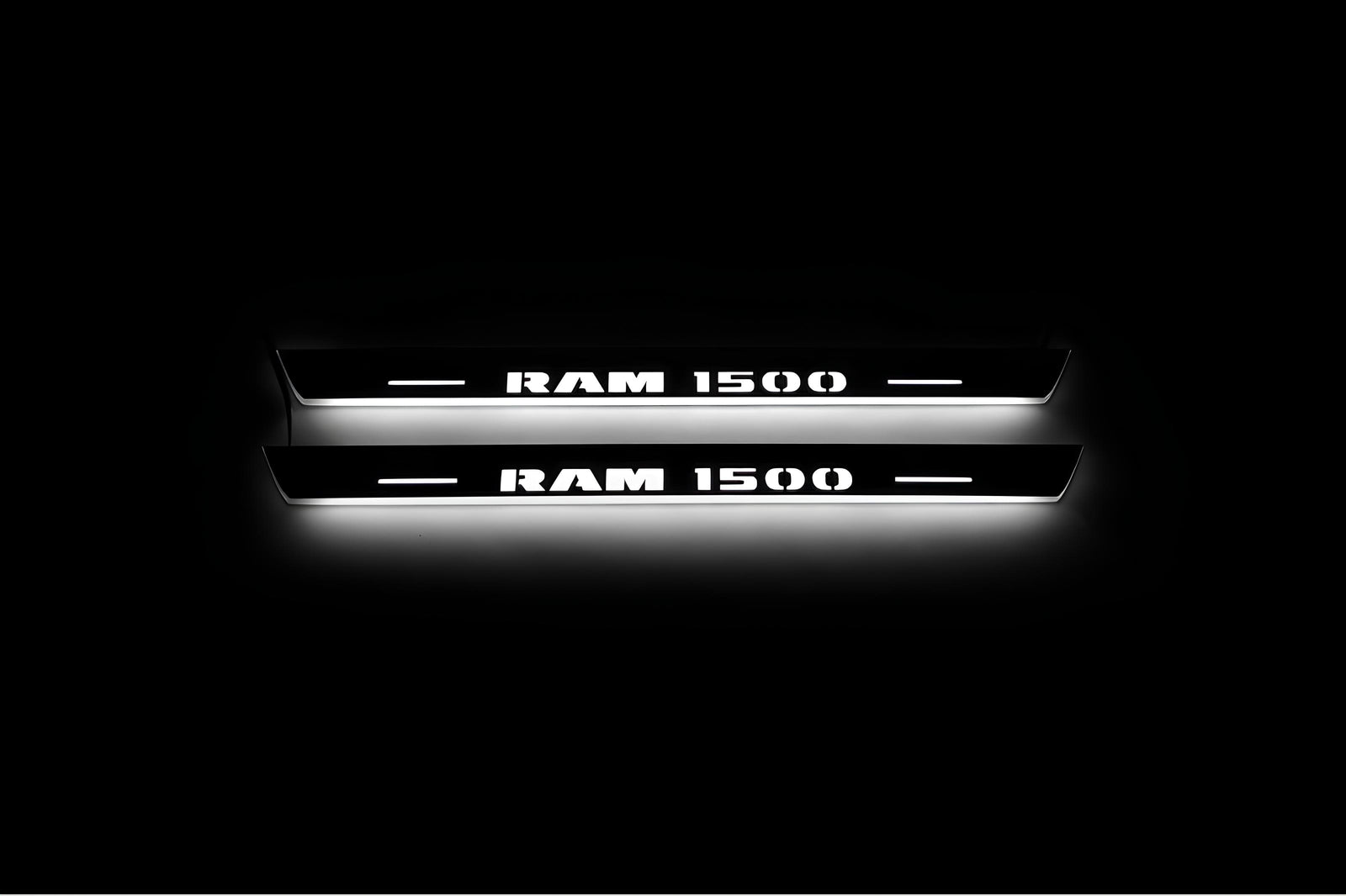 RAM 1500 IV 2009+ illuminated door sill protectors in stainless steel with Illuminated RAM 1500 logo