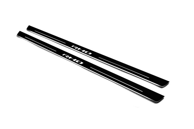RAM 2500 V 2019+ illuminated door sill protectors in stainless steel with Illuminated RHO logo