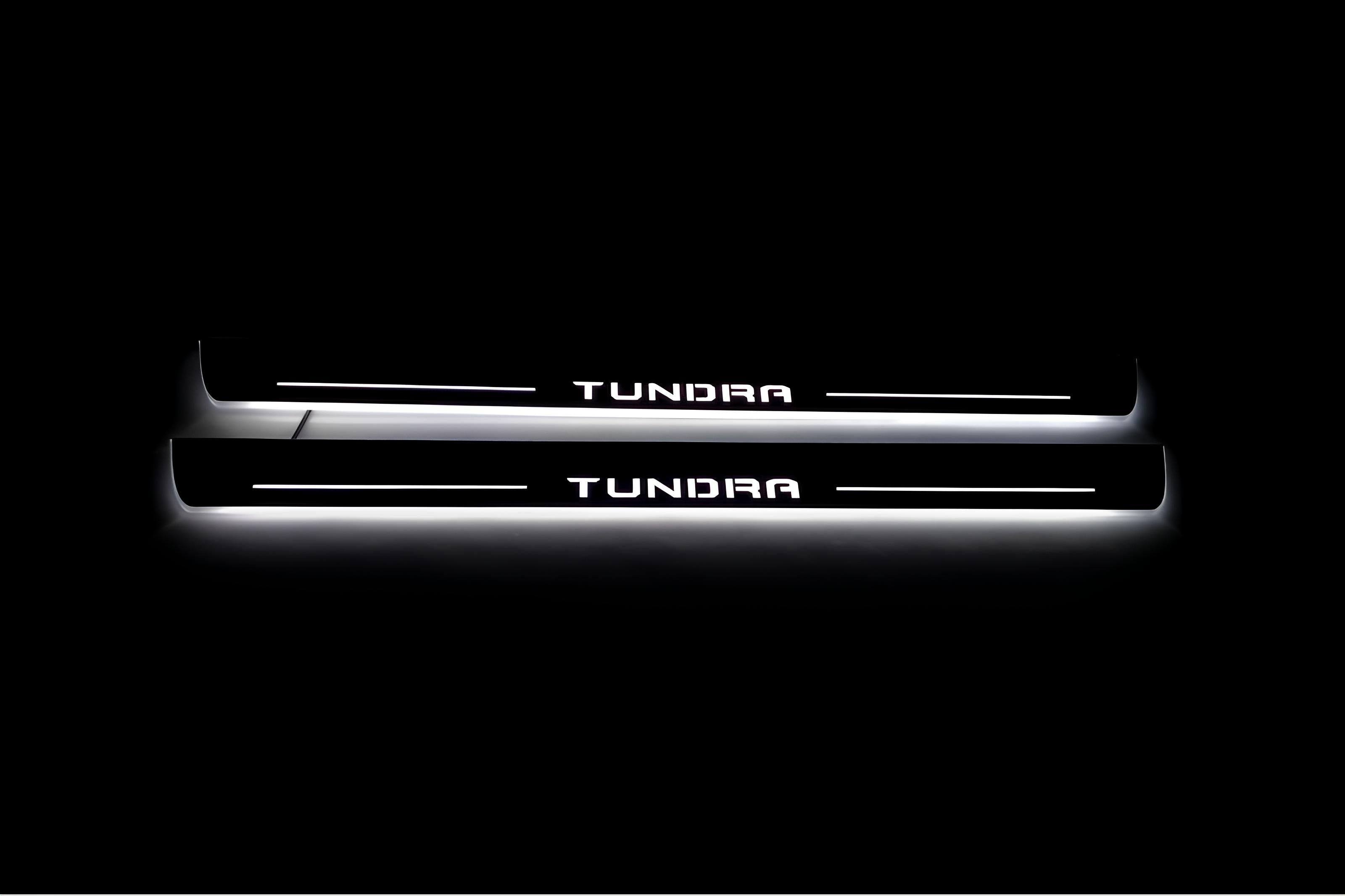 Illuminated LED Door Sill Tread Plates Toyota Tundra IV 2022+ With Tundra Logo Toyota Led Door Sills opdesign