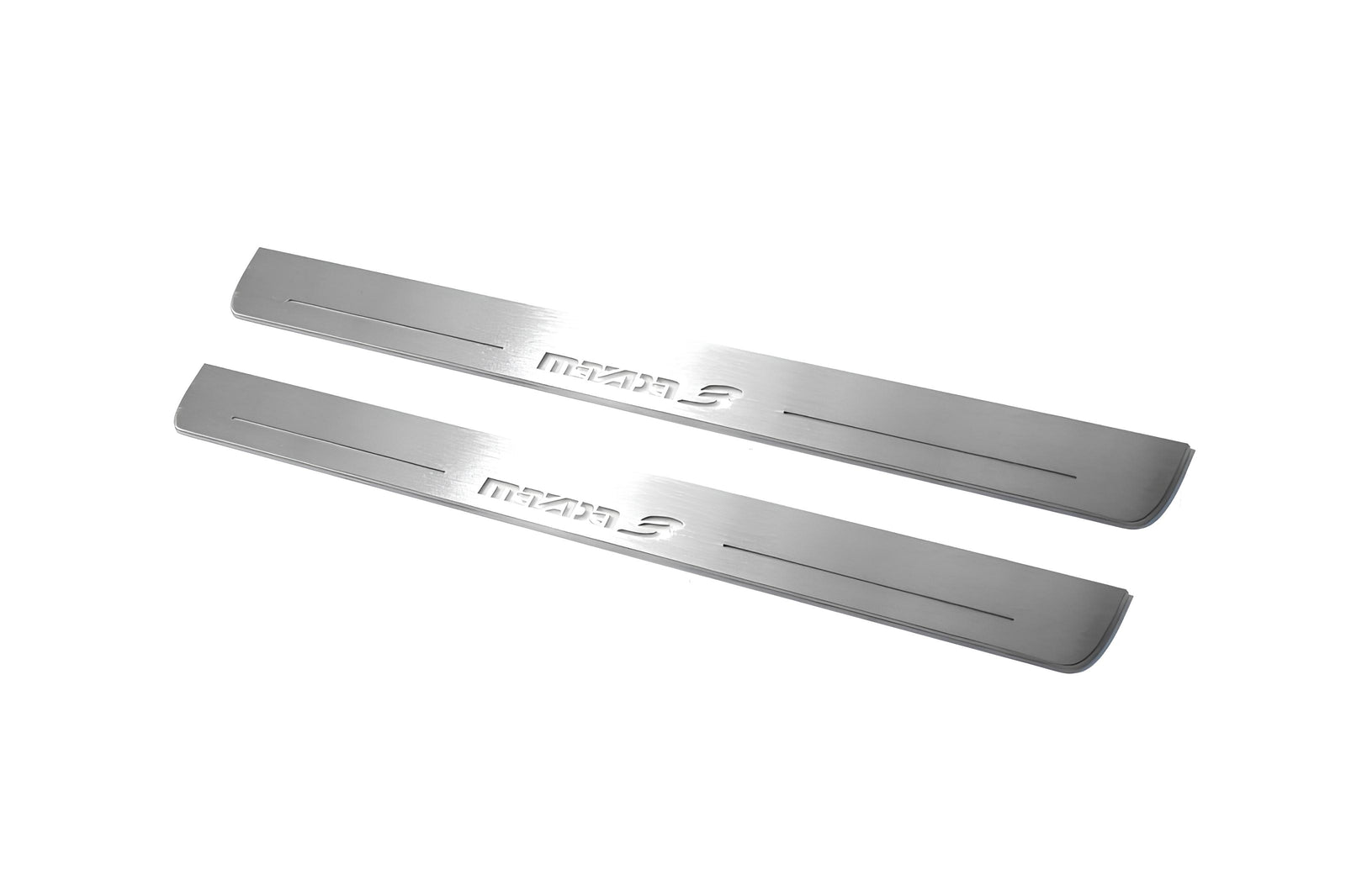 Mazda 3 II 2009+ illuminated entry guards in stainless steel with Mazda 3 logo