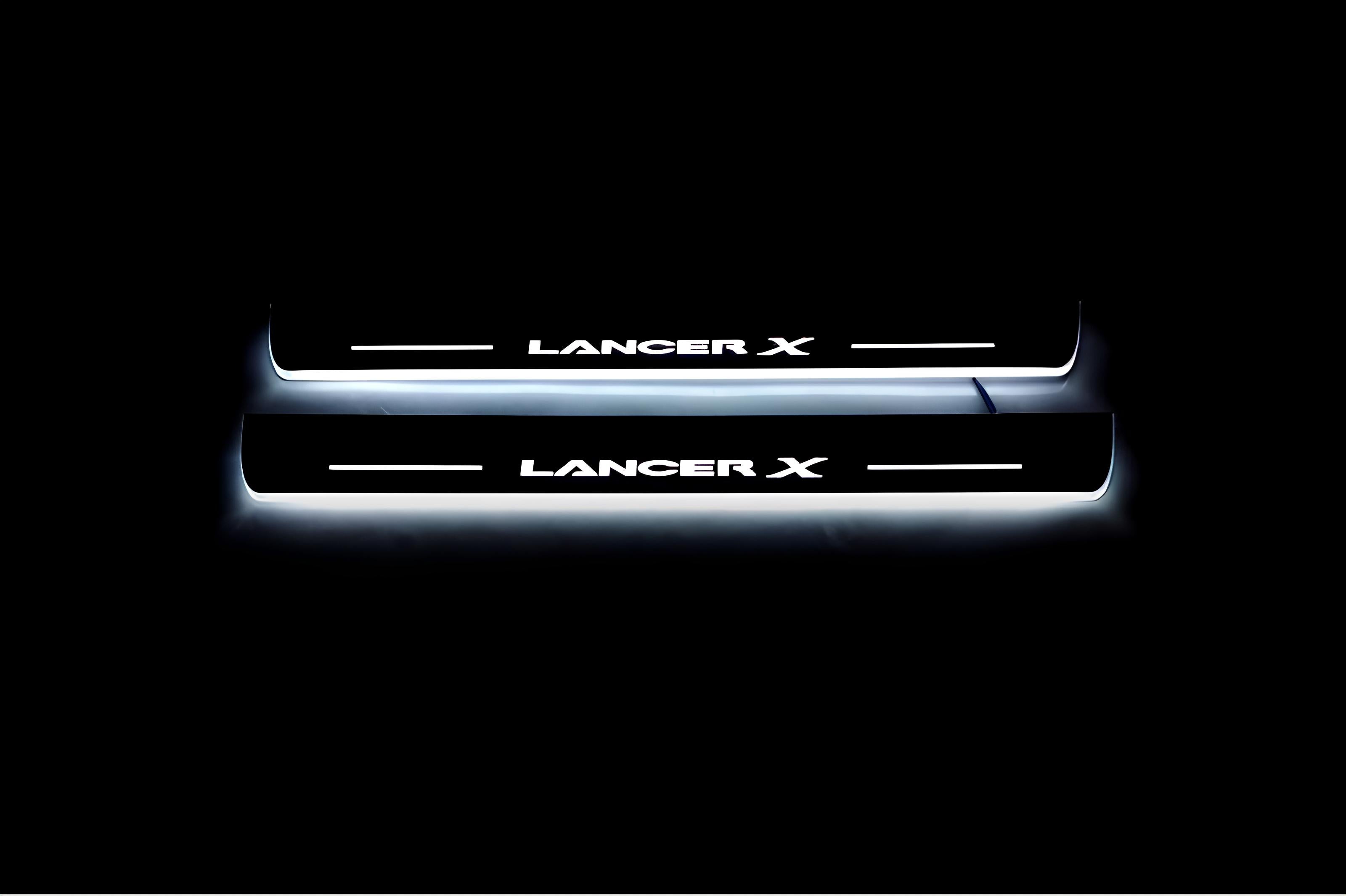Illuminated LED Door Sill Tread Plates Mitsubishi Lancer X 2007-2017 With Lancer X Logo Mitsubishi Led Door Sills opdesign