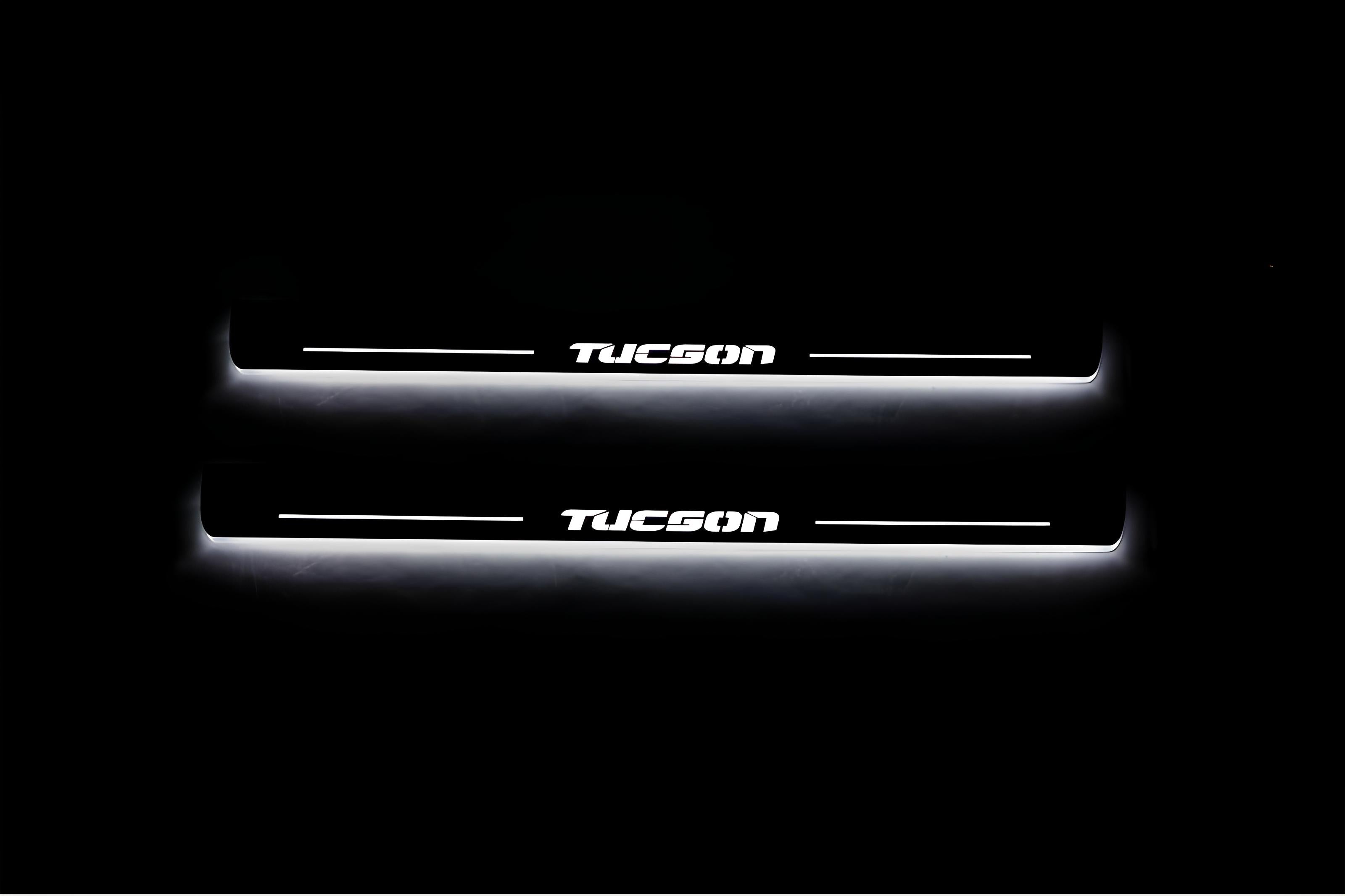 Illuminated LED Door Sill Tread Plates Hyundai Tucson I 2004-2015 With Tucson Logo Hyundai Led Door Sills opdesign