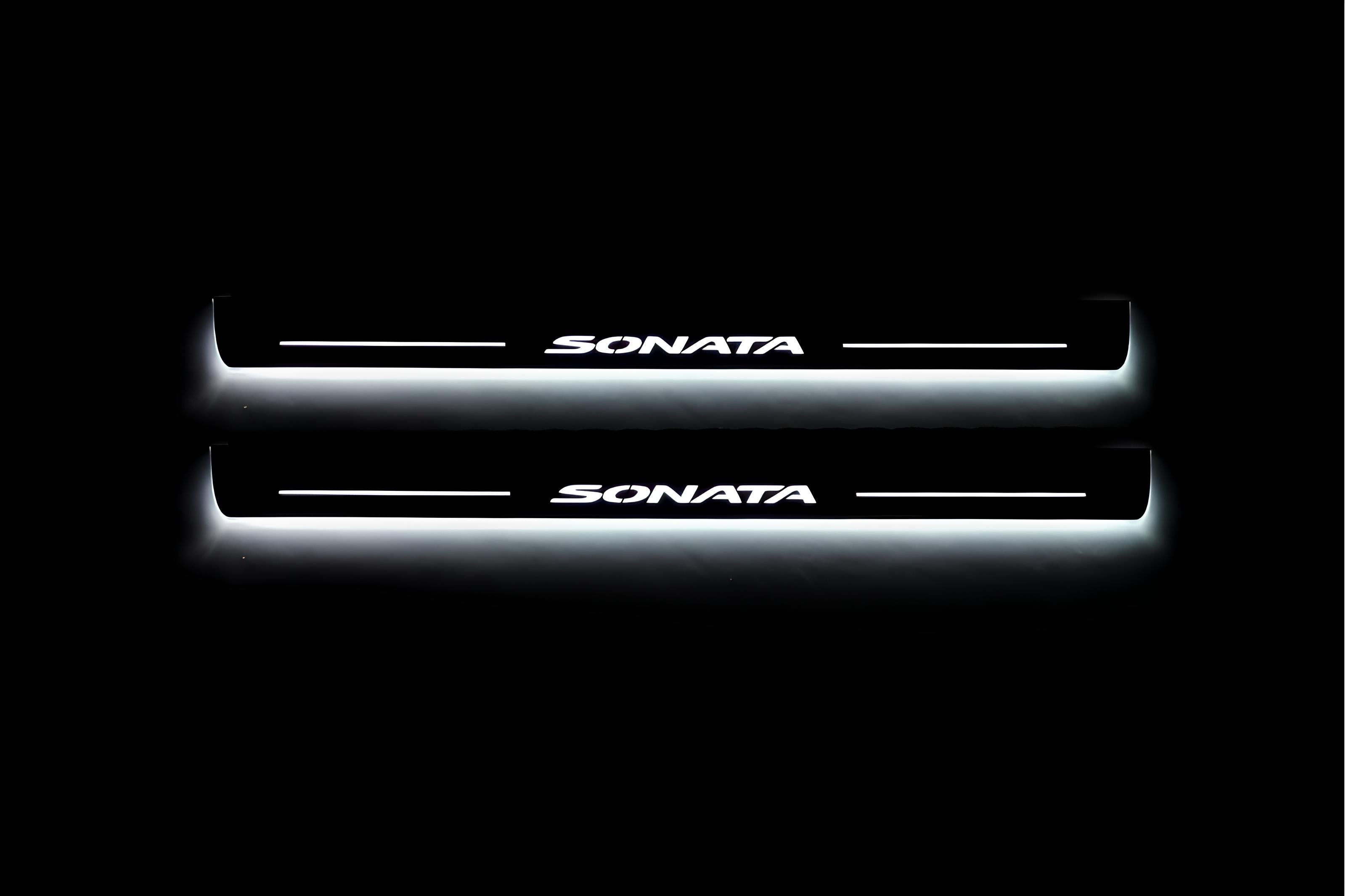 Illuminated LED Door Sill Tread Plates Hyundai Sonata VIII 2020+ With Sonata Logo Hyundai Led Door Sills opdesign