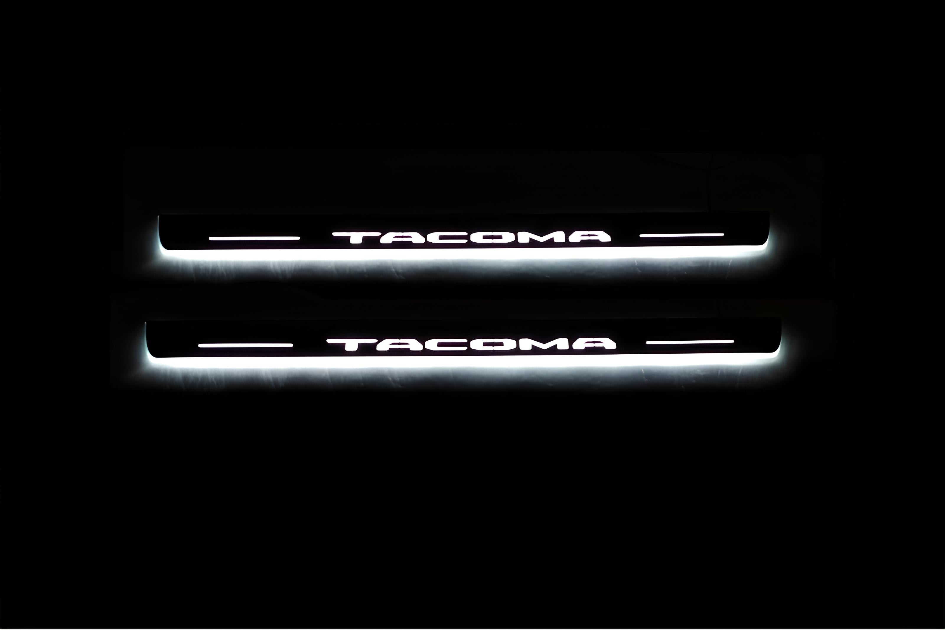 Illuminated LED Door Sill Tread Plates Toyota Tacoma III 2016+ With Tacoma Logo Toyota Led Door Sills opdesign