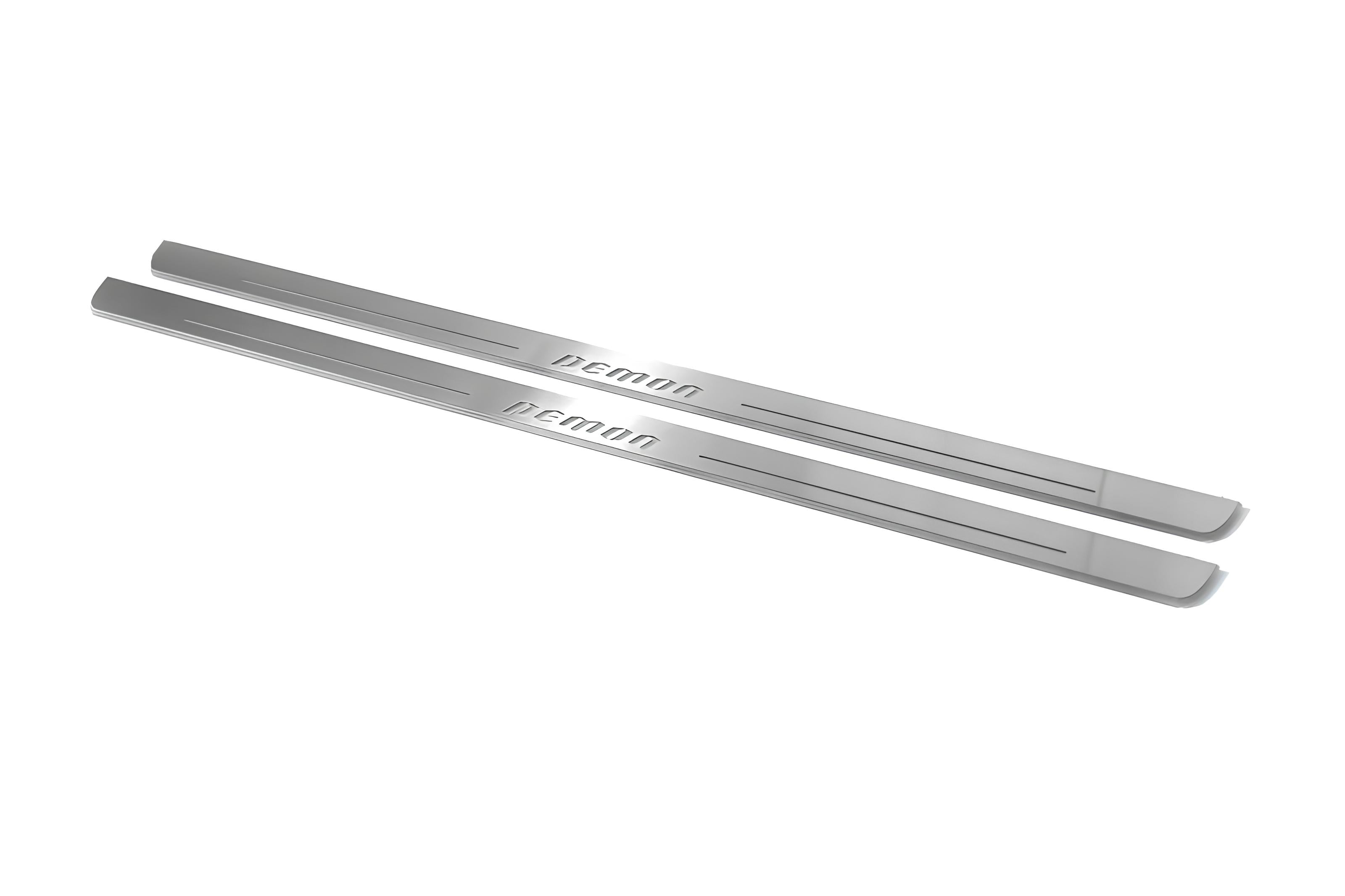 Illuminated LED Door Sill Tread Plates Dodge Challenger 2008-2023 With DEMON Logo Dodge Led Door Sills opdesign