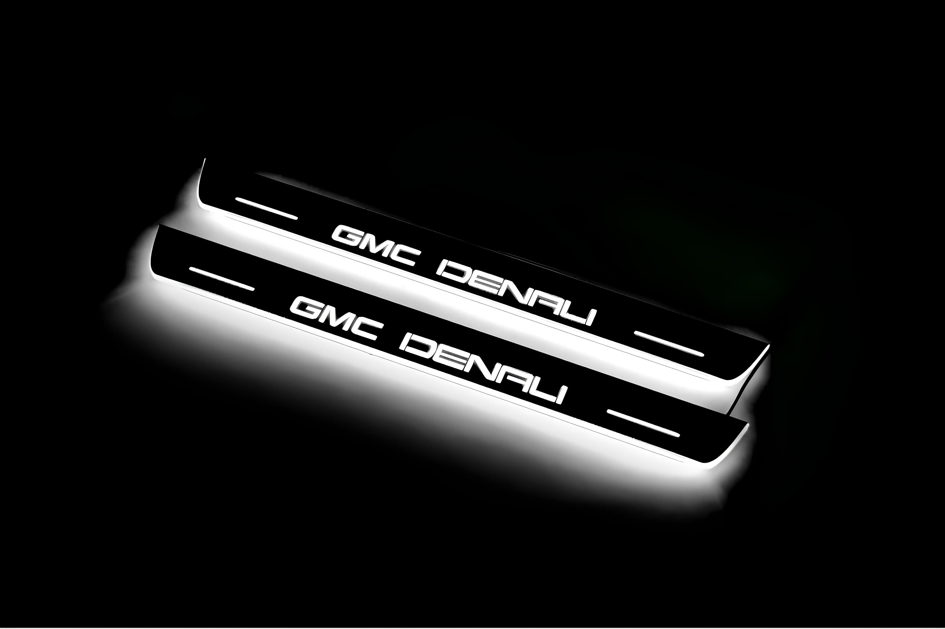 Illuminated LED Door Sill Tread Plates GMC Terrain II 2018+ With GMC DENALI Logo GMC Led Door Sills opdesign