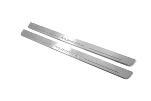 Illuminated LED Door Sill Tread Plates Toyota Tundra III 2014-2021 With Tundra Logo Toyota Led Door Sills opdesign