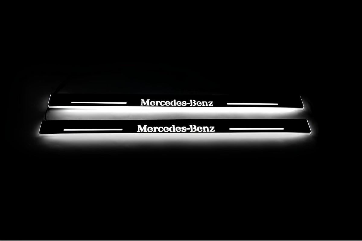 Mercedes E W124 1985+ LED door sill plates in stainless steel with Mercedes-Benz logo