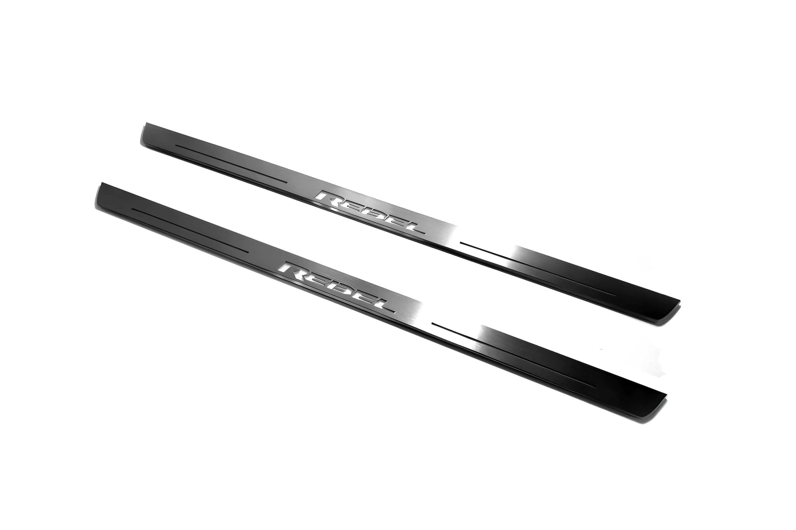 Illuminated LED Door Sill Tread Plates Dodge RAM 2500 V 2019+ With REBEL Logo Dodge Led Door Sills opdesign