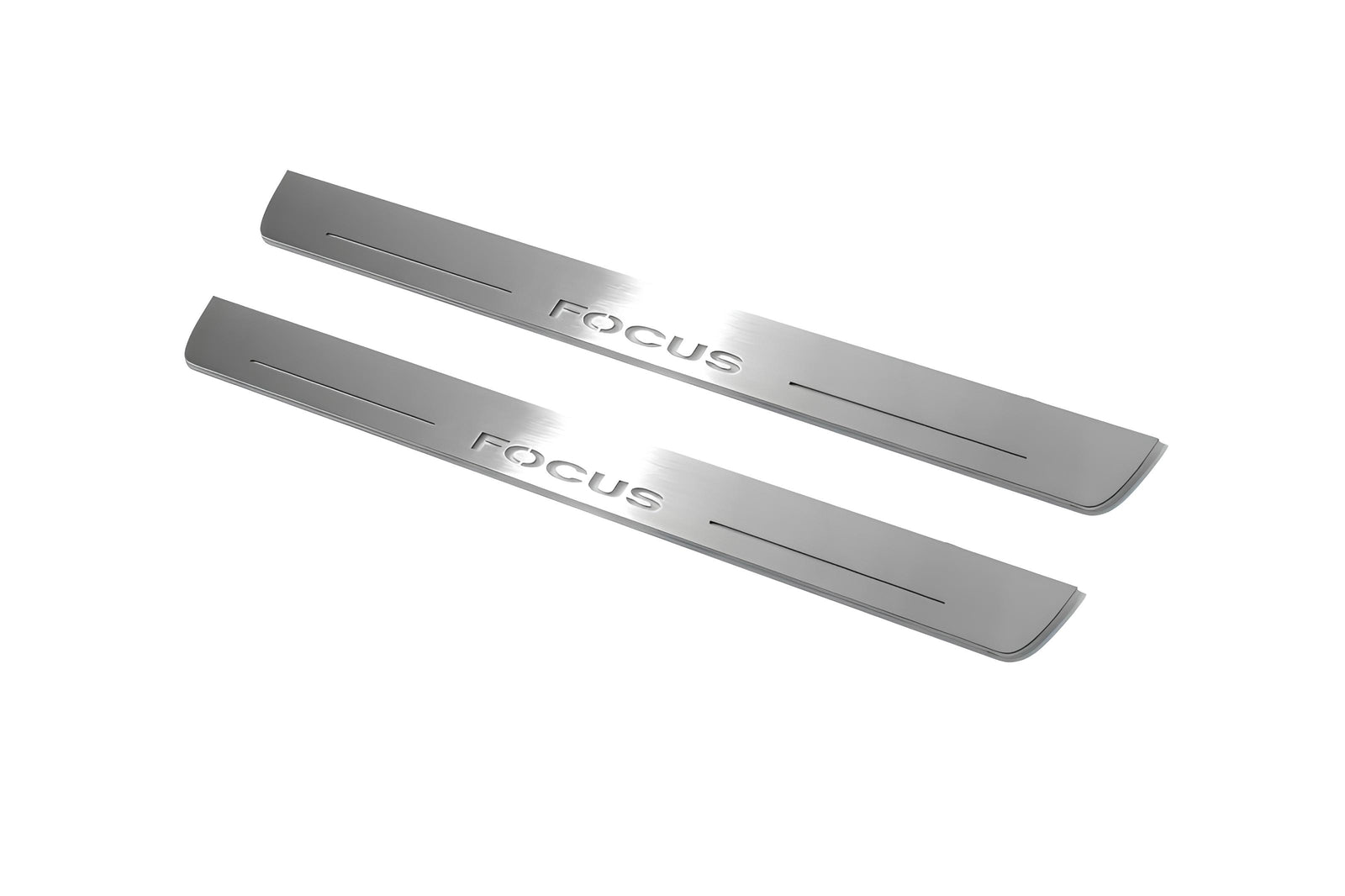 Ford Focus II 2004+ illuminated entry guards in stainless steel with Focus logo