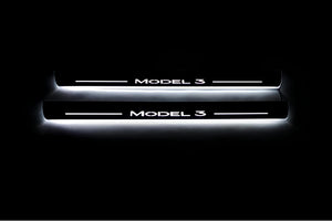 Illuminated LED Door Sill Tread Plates Tesla Model 3 2017+ With Model 3 Logo Tesla Led Door Sills opdesign