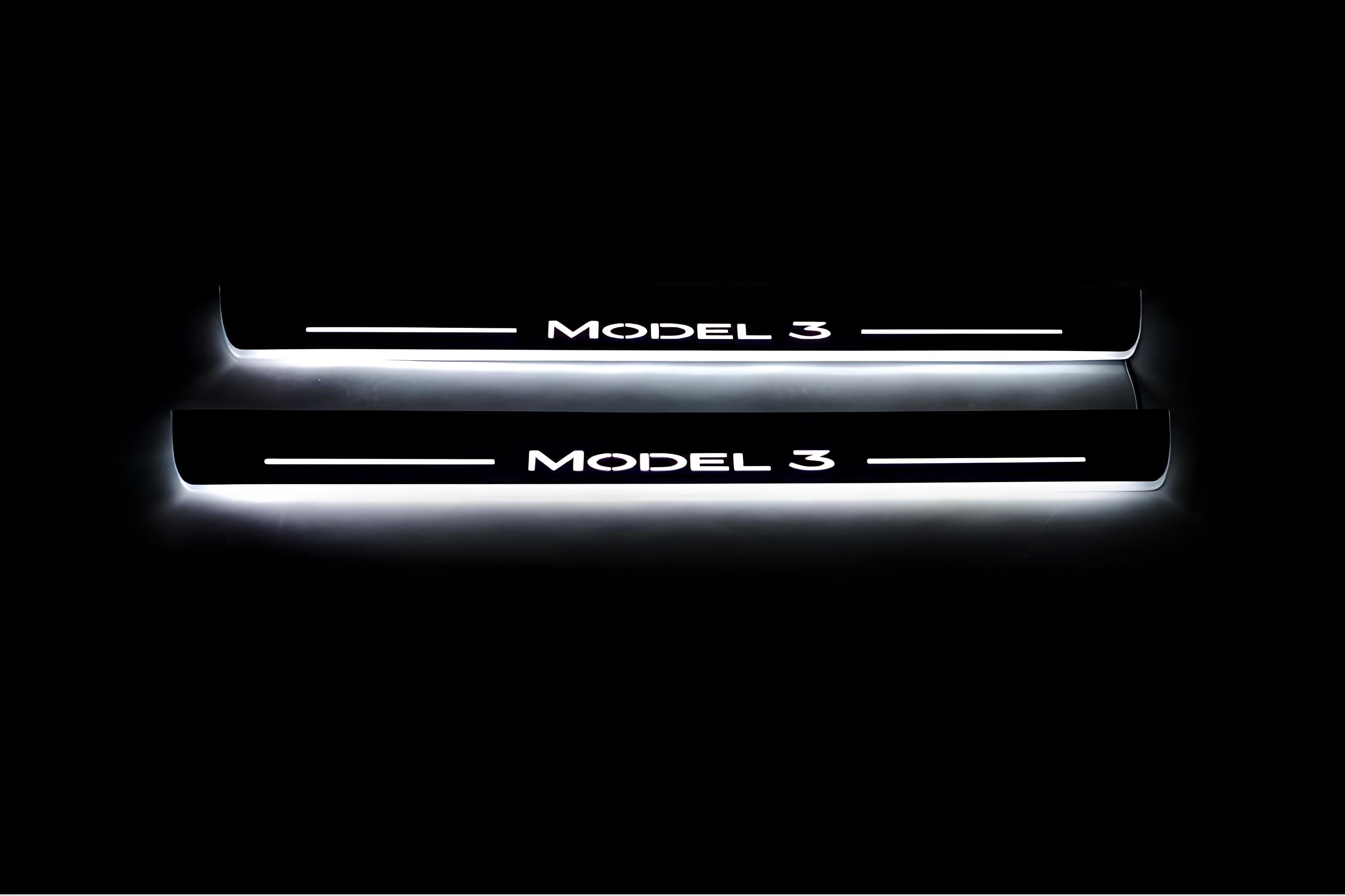 Illuminated LED Door Sill Tread Plates Tesla Model 3 2017+ With Model 3 Logo Tesla Led Door Sills opdesign
