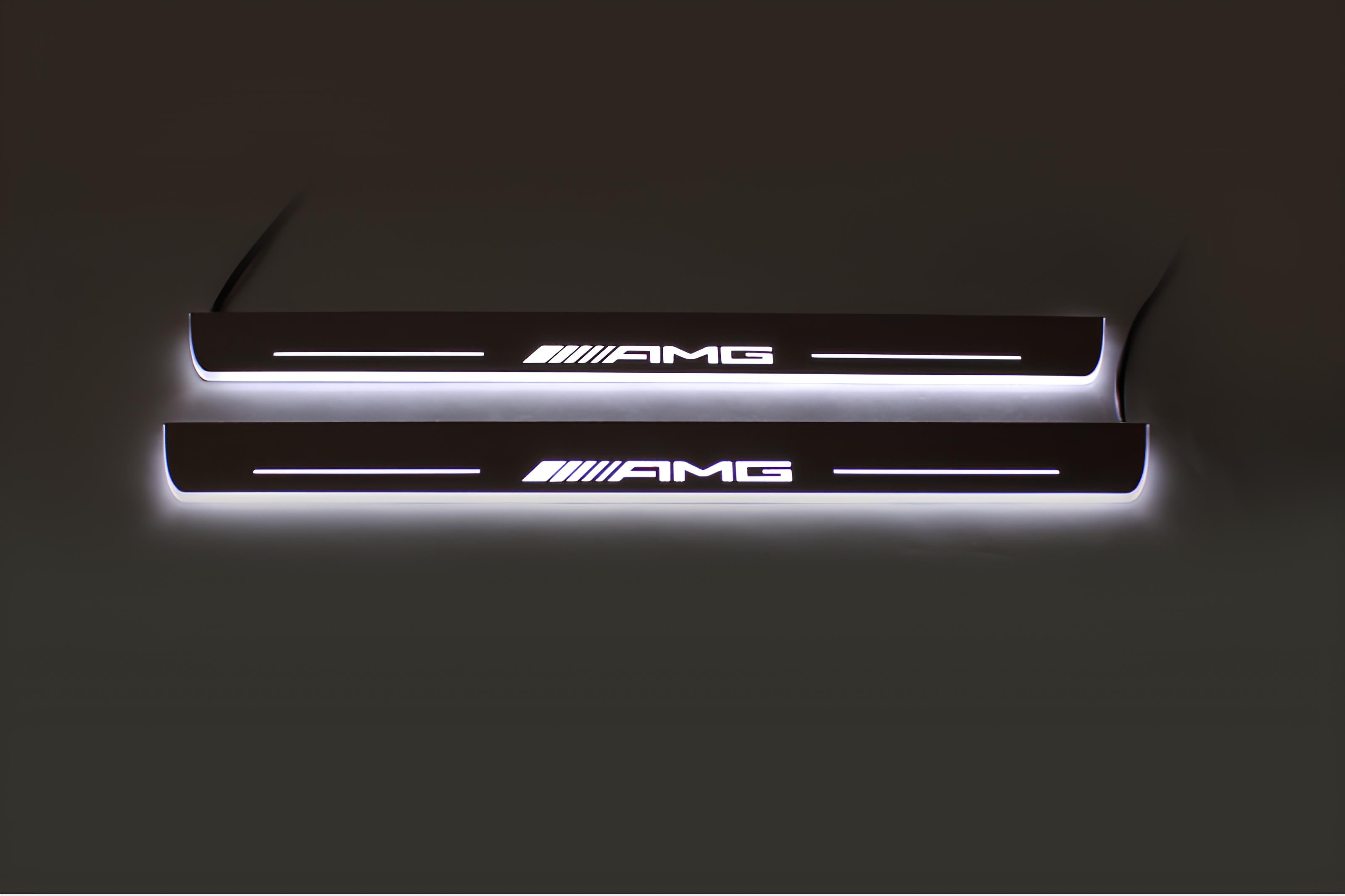 Illuminated LED Door Sill Tread Plates Mercedes E W211 2002-2009 With AMG Logo Mercedes Led Door Sills opdesign