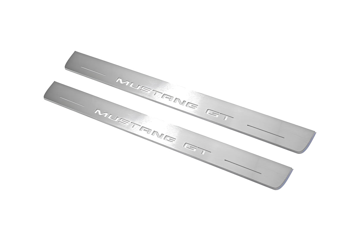 LED door sill plates Ford Mustang V S197 2005+ in stainless steel with Mustang GT logo
