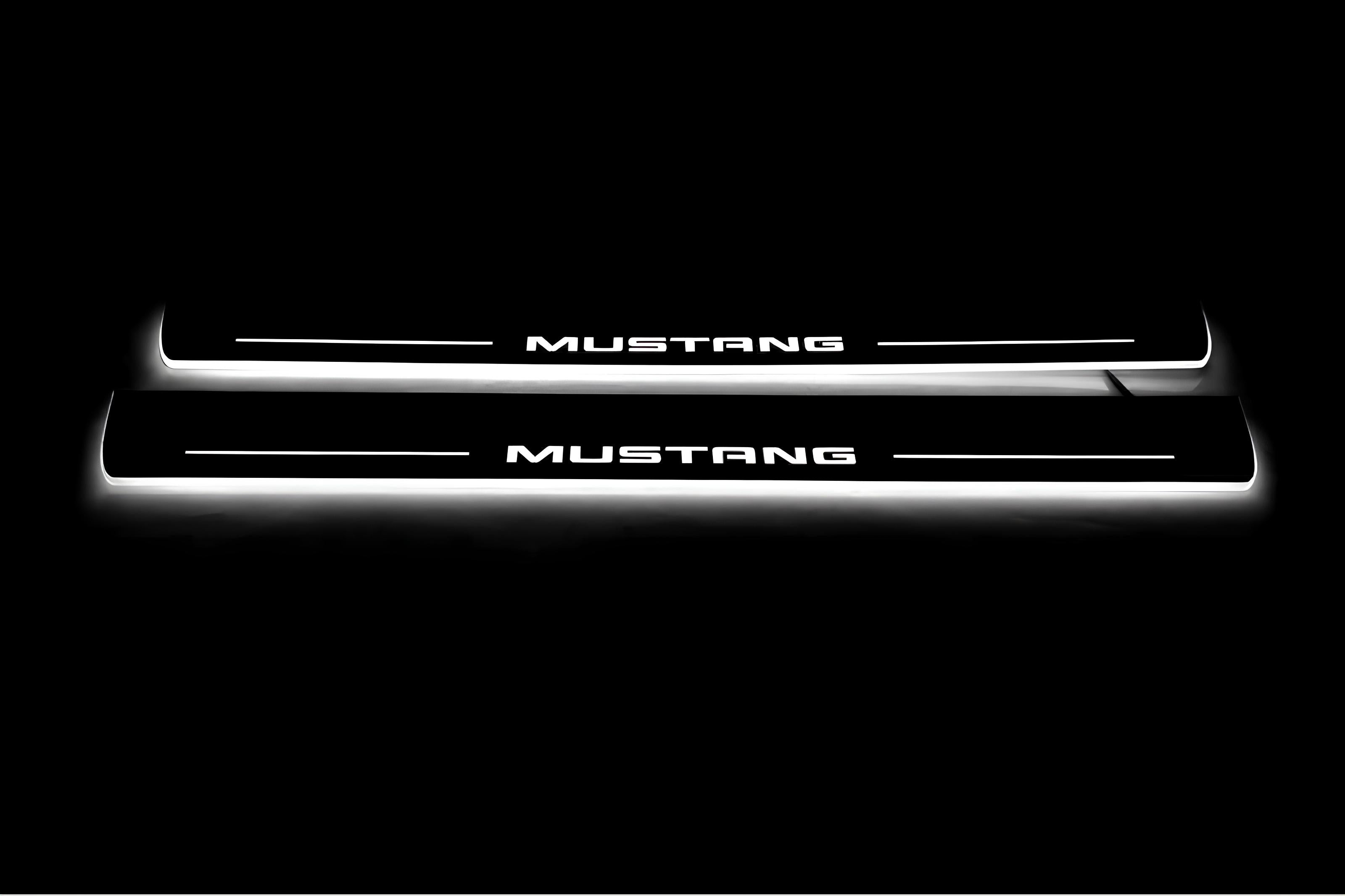 Illuminated LED Door Sill Tread Plates Ford Mustang VI 2015-2023 With Mustang Logo Ford Led Door Sills opdesign