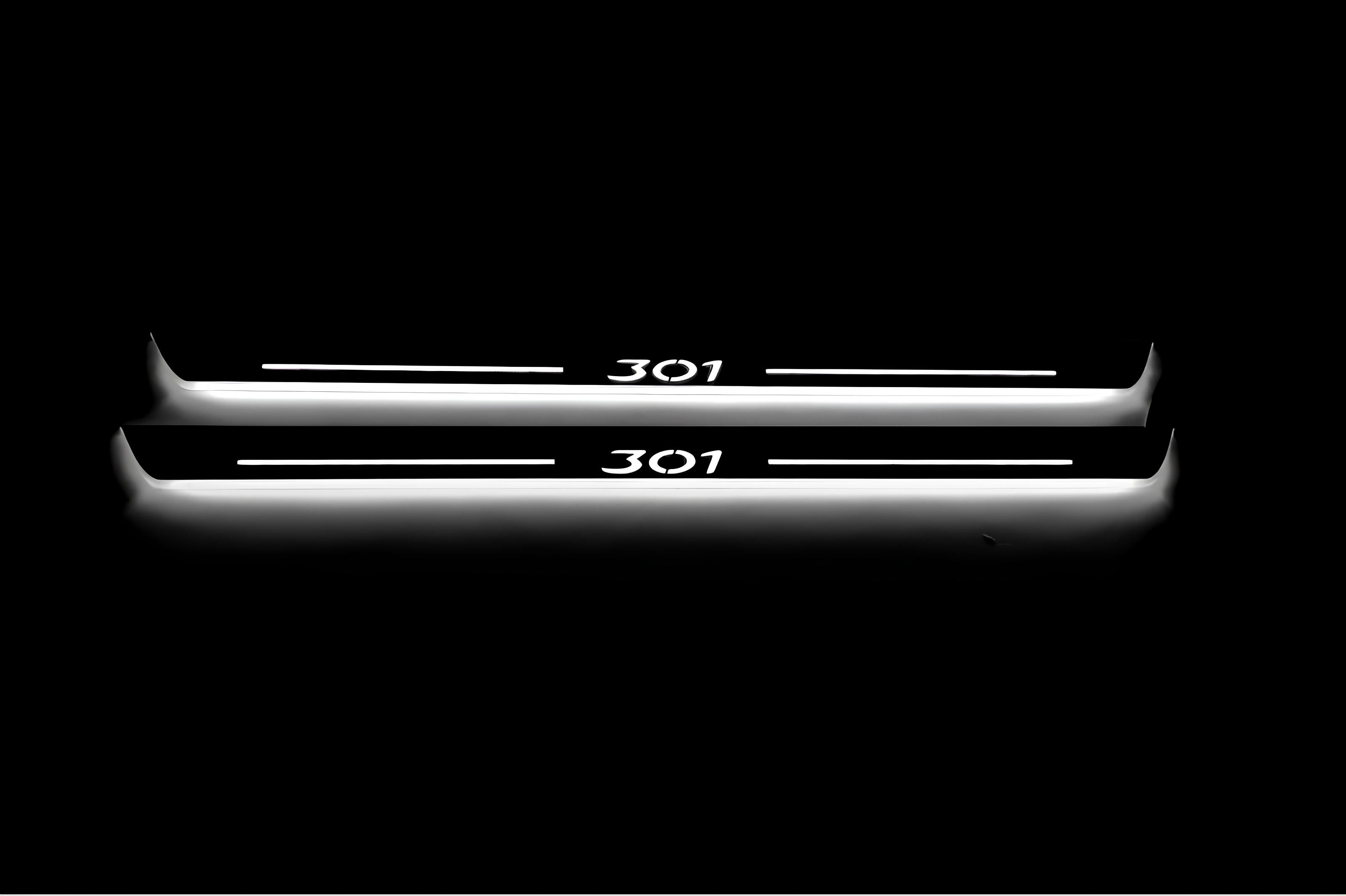 Illuminated LED Door Sill Tread Plates Peugeot 301 2012+ With 301 Logo Peugeot Led Door Sills opdesign