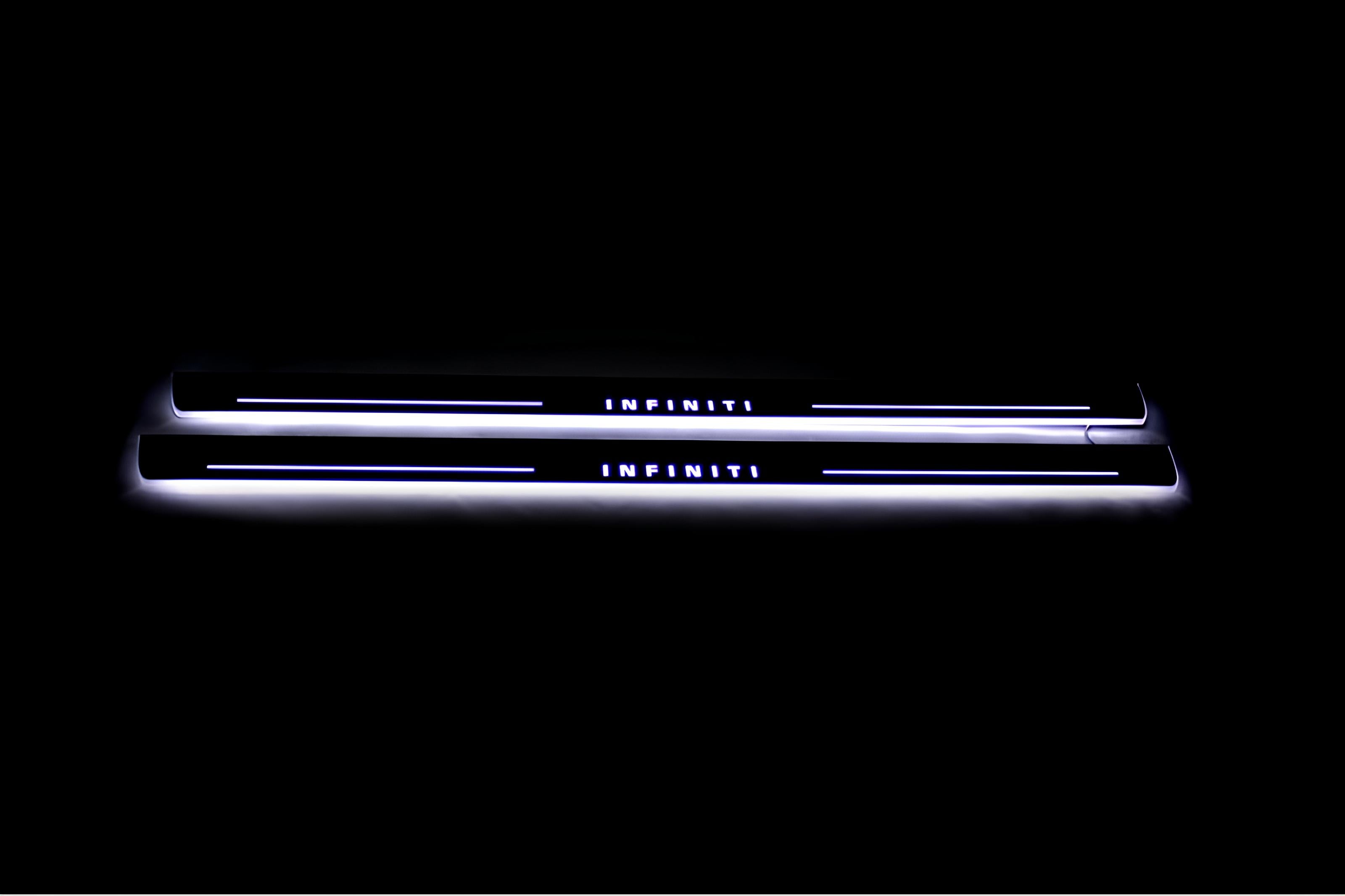 Illuminated LED Door Sill Tread Plates Infiniti Q60 2016+ With Infiniti Logo Infiniti Led Door Sills opdesign