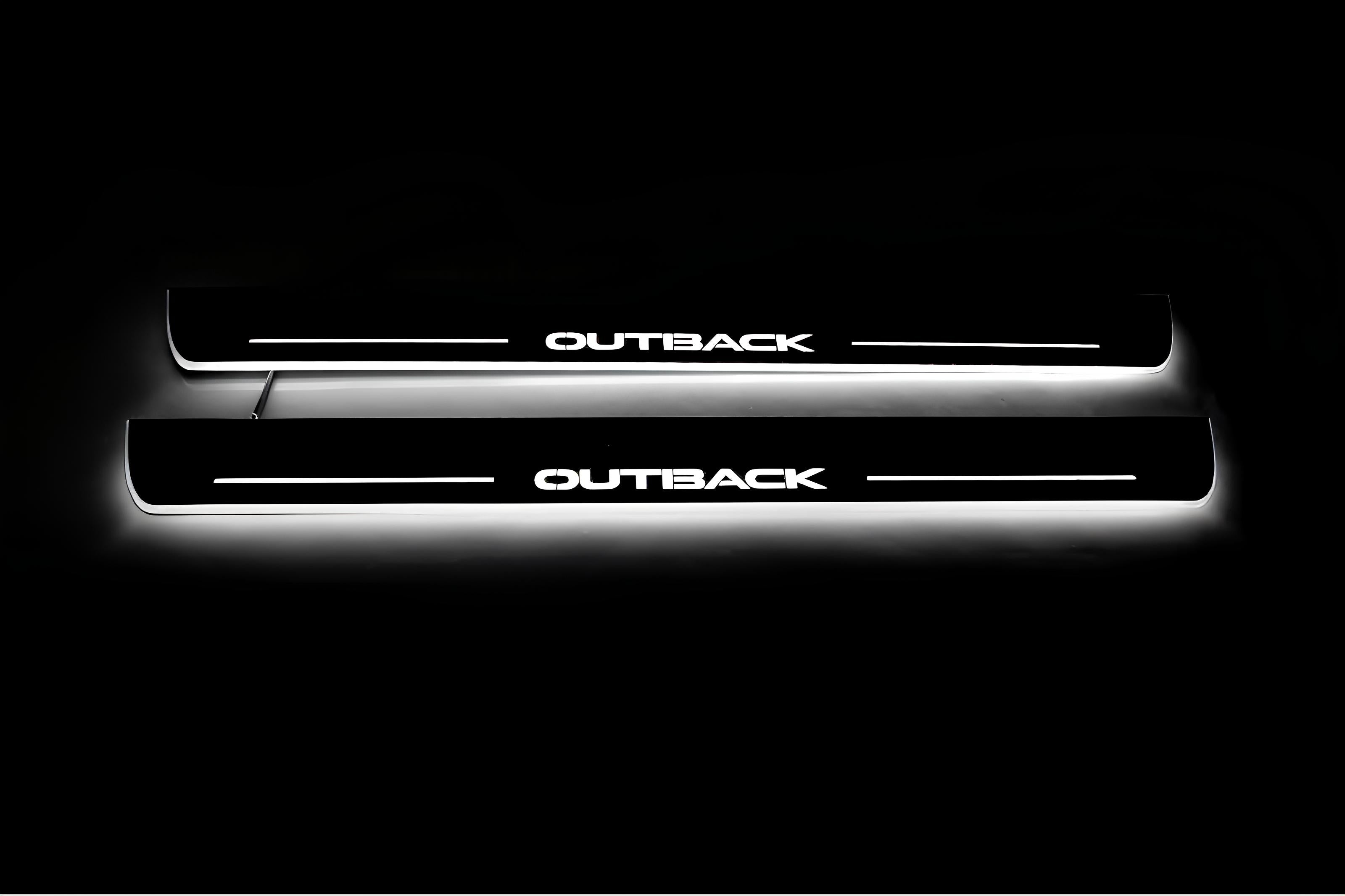 Illuminated LED Door Sill Tread Plates Subaru Outback IV 2009-2014 With Outback Logo Subaru Led Door Sills opdesign