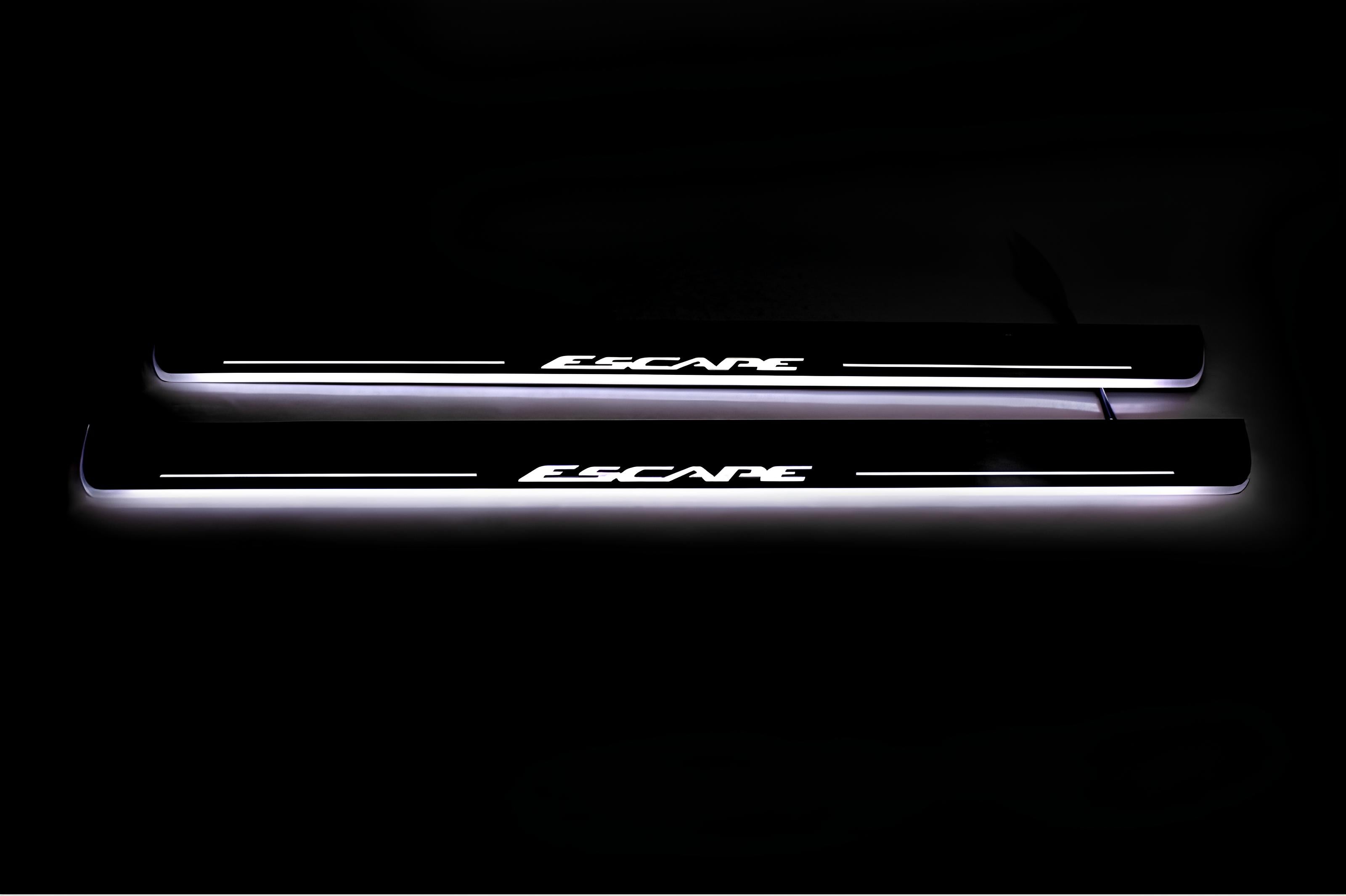 Illuminated LED Door Sill Tread Plates Ford Escape III 2013-2019 With Escape Logo Ford Led Door Sills opdesign