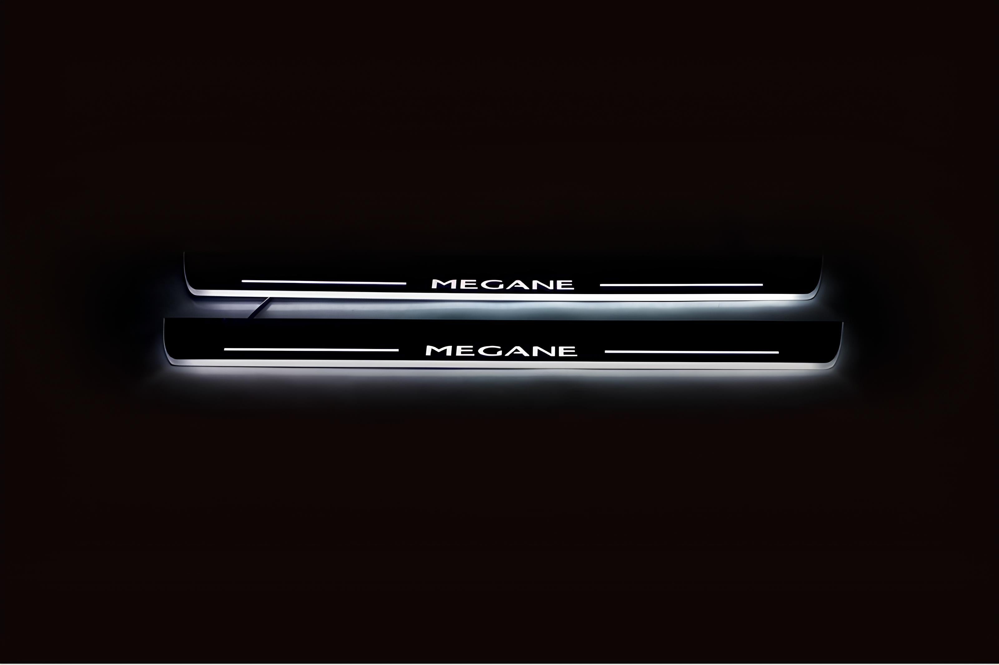 Illuminated LED Door Sill Tread Plates Renault Megane III 2009-2015 With Megane Logo Renault Led Door Sills opdesign