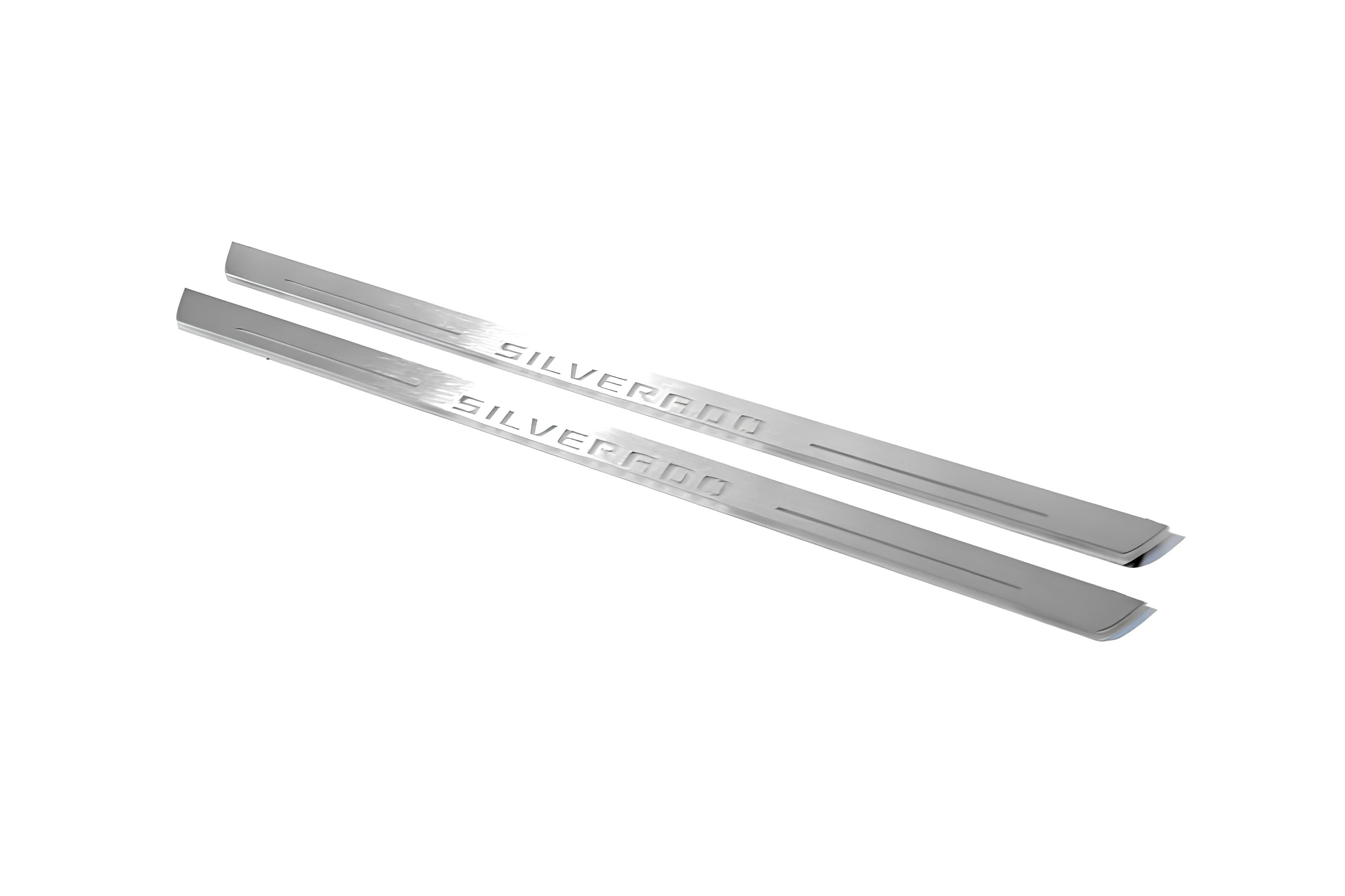 Illuminated LED Door Sill Tread Plates Chevrolet Silverado III 2014-2019 With Silverado Logo Chevrolet Led Door Sills opdesign