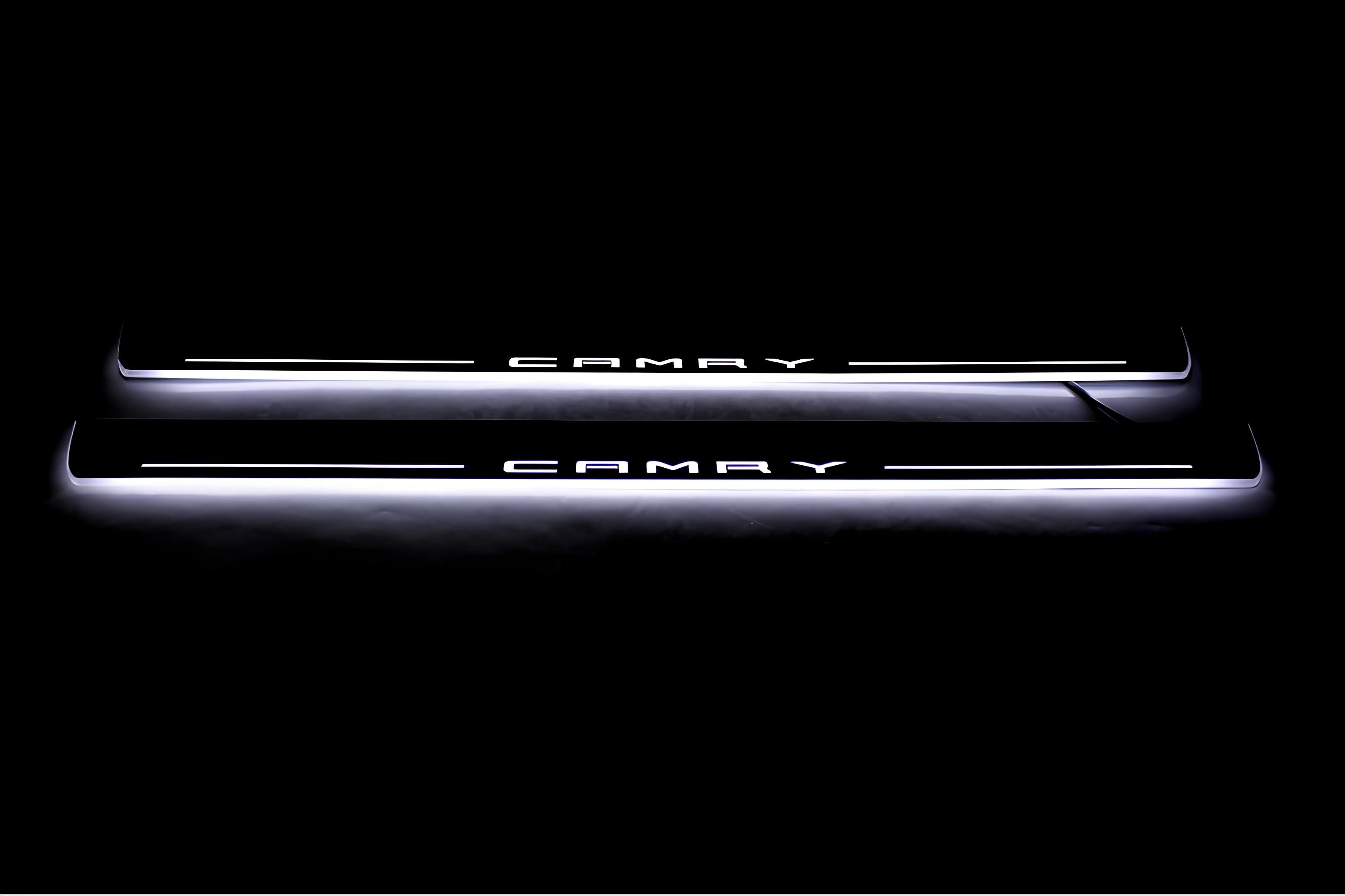 Illuminated LED Door Sill Tread Plates Toyota Camry V70 2018-2024 With Camry Logo Toyota Led Door Sills opdesign