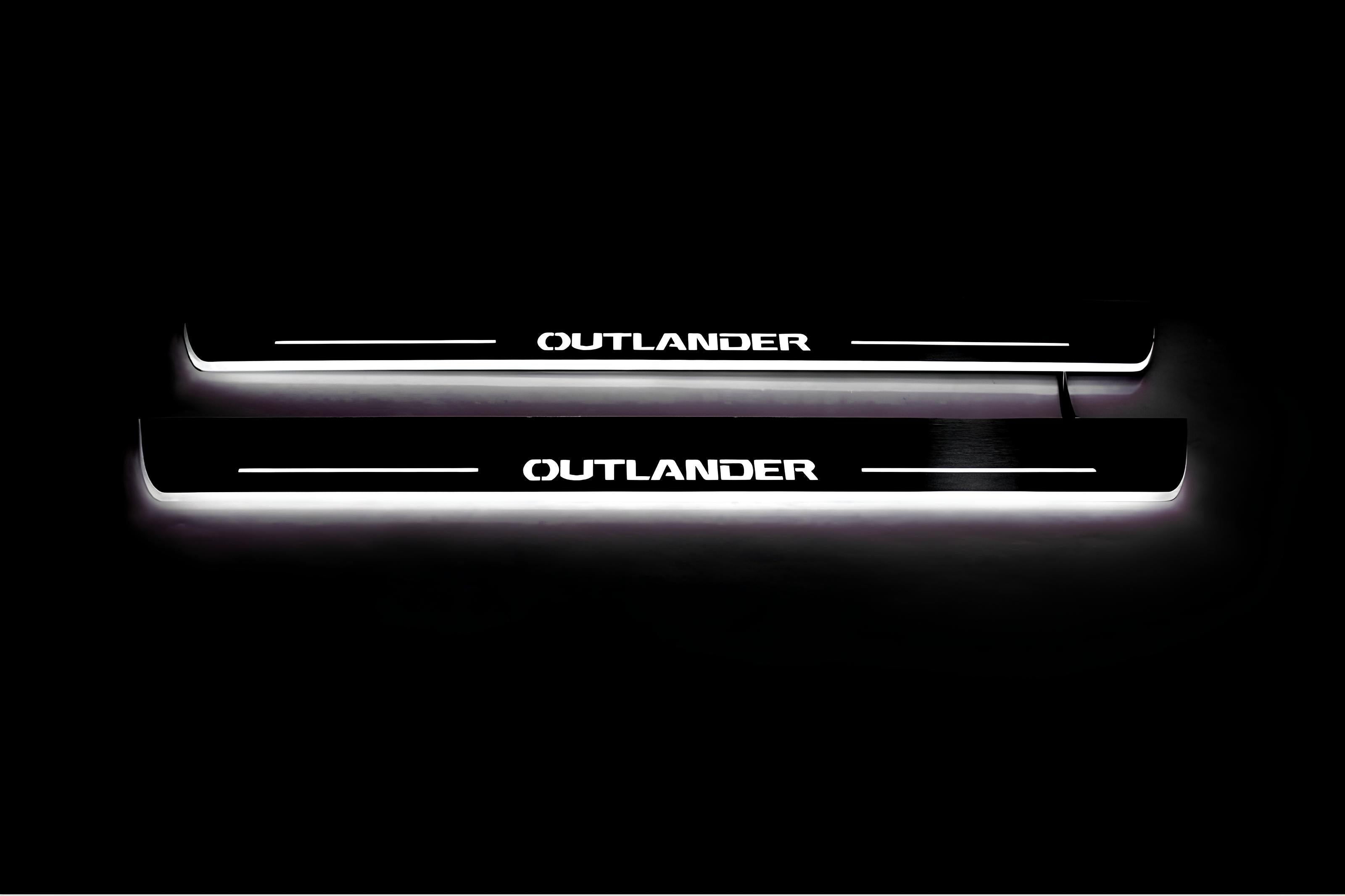Illuminated LED Door Sill Tread Plates Mitsubishi Outlander II 2007-2012 With Outlander Logo Mitsubishi Led Door Sills opdesign