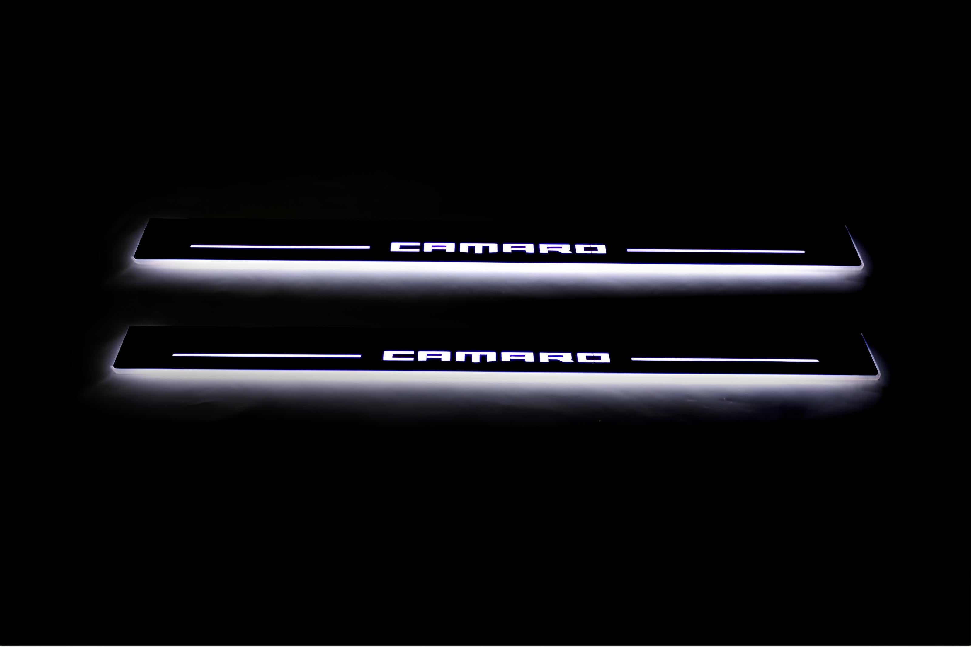 Illuminated LED Door Sill Tread Plates Chevrolet Camaro VI 2016-2024 With Camaro Logo Chevrolet Led Door Sills opdesign