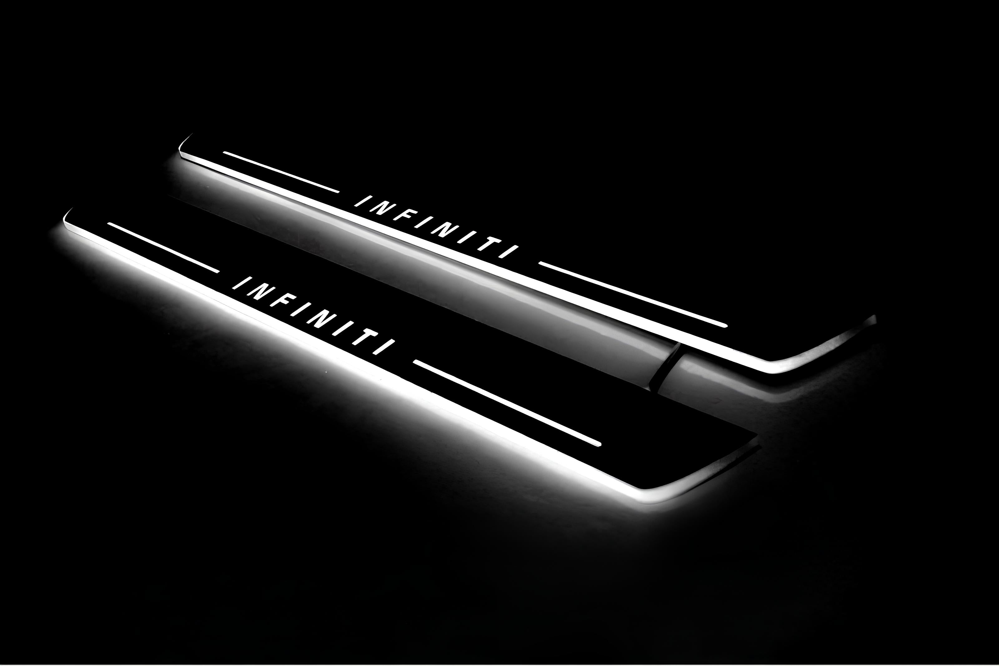 Illuminated LED Door Sill Tread Plates Infiniti QX70 (FX) 2008-2017 With Infiniti Logo Infiniti Led Door Sills opdesign