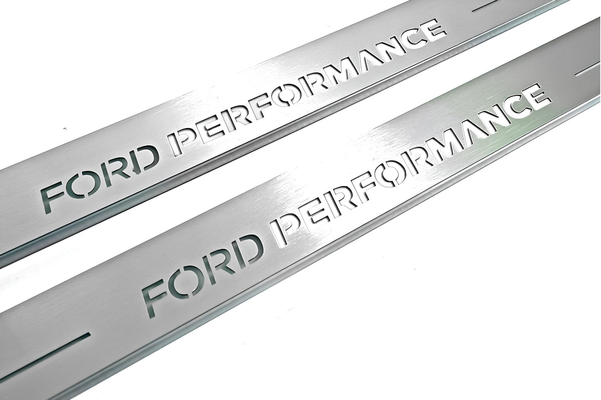 Ford Focus III 2011+ illuminated entry guards in stainless steel with Ford Perfomance logo