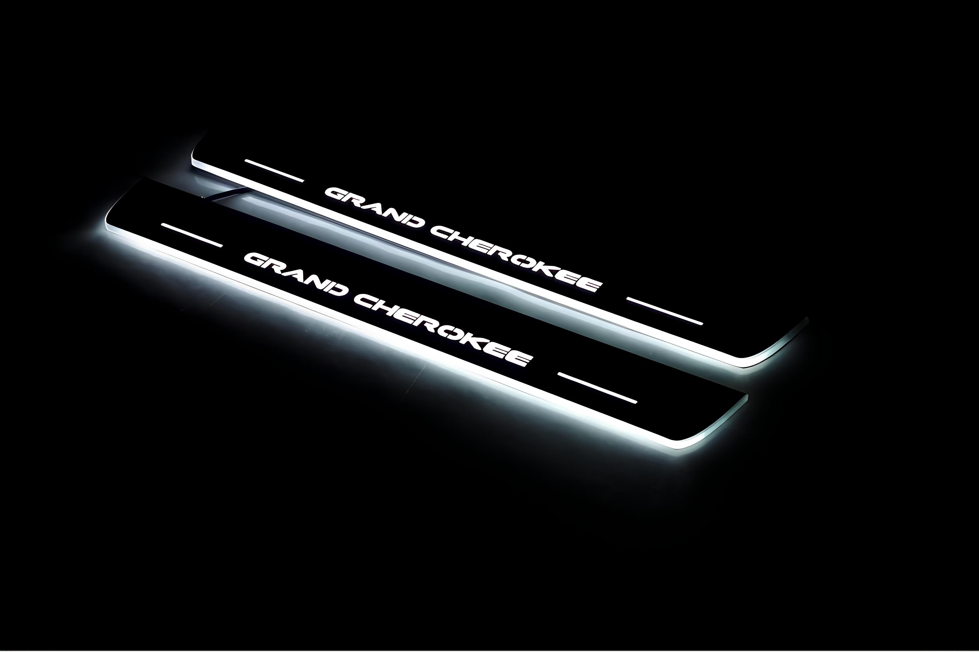 Illuminated LED Door Sill Tread Plates Jeep Grand Cherokee IV 2010-2021 With Grand Cherokee Logo Jeep Led Door Sills opdesign