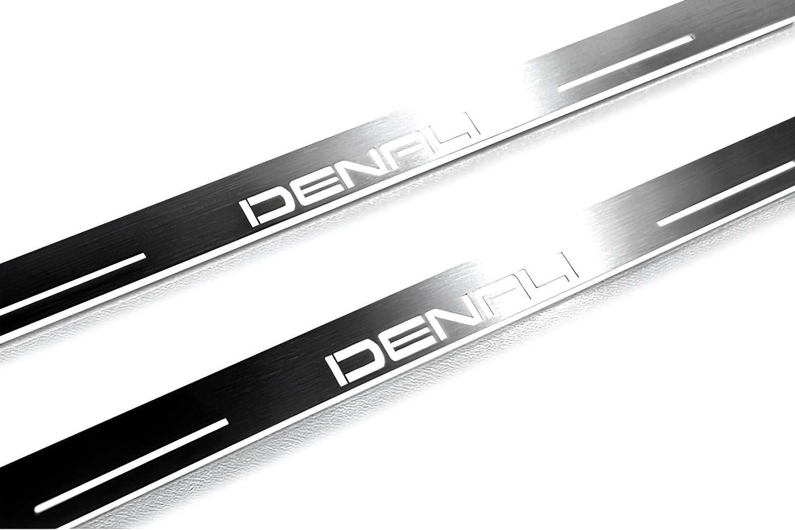 GMC Sierra V 2018+ LED door sill plates in stainless steel with DENALI logo