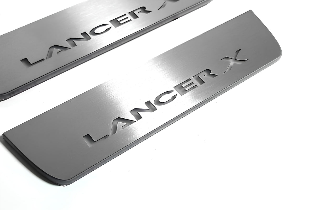 LED door sill plates Mitsubishi Lancer X 2007+ in stainless steel with Lancer X logo