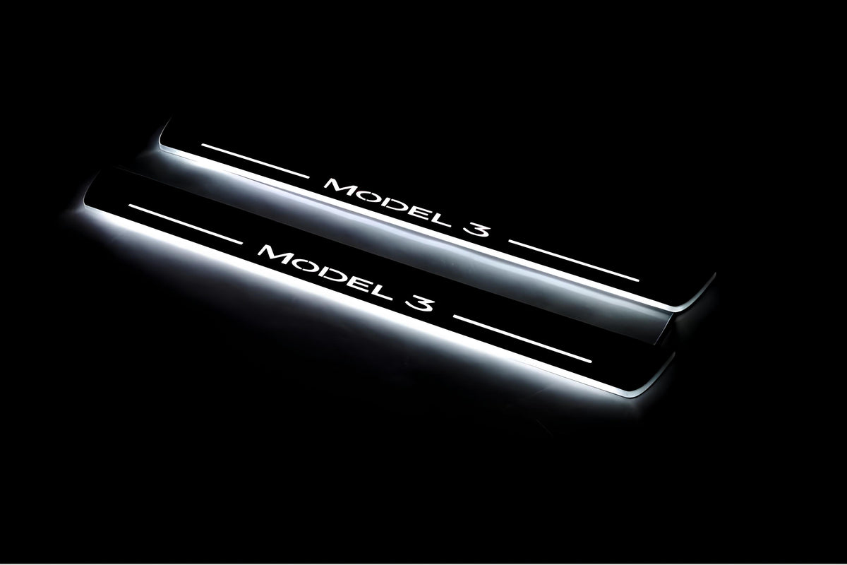 Tesla Model 3 2017+ LED door sill plates in stainless steel with Model 3 logo