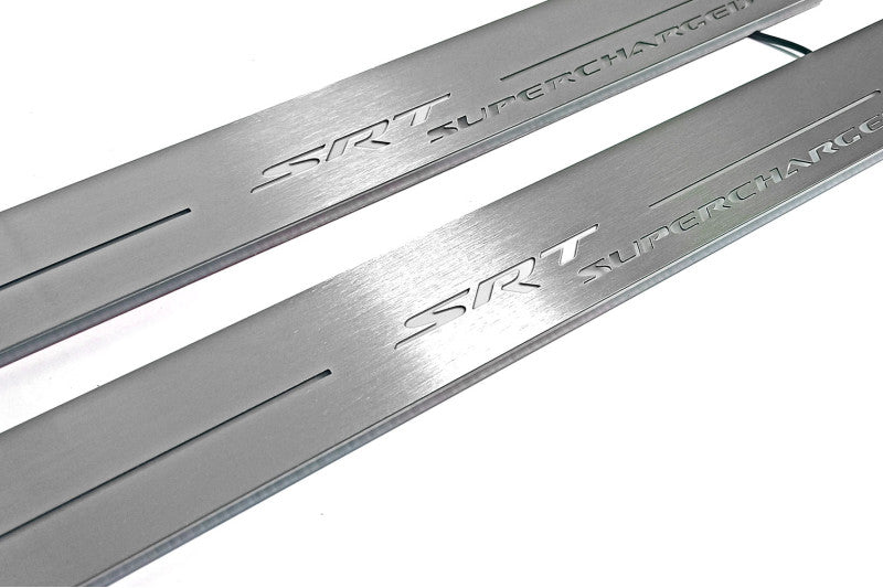 Dodge Durango III 2011+ illuminated entry guards in stainless steel with SRT Supercharged logo