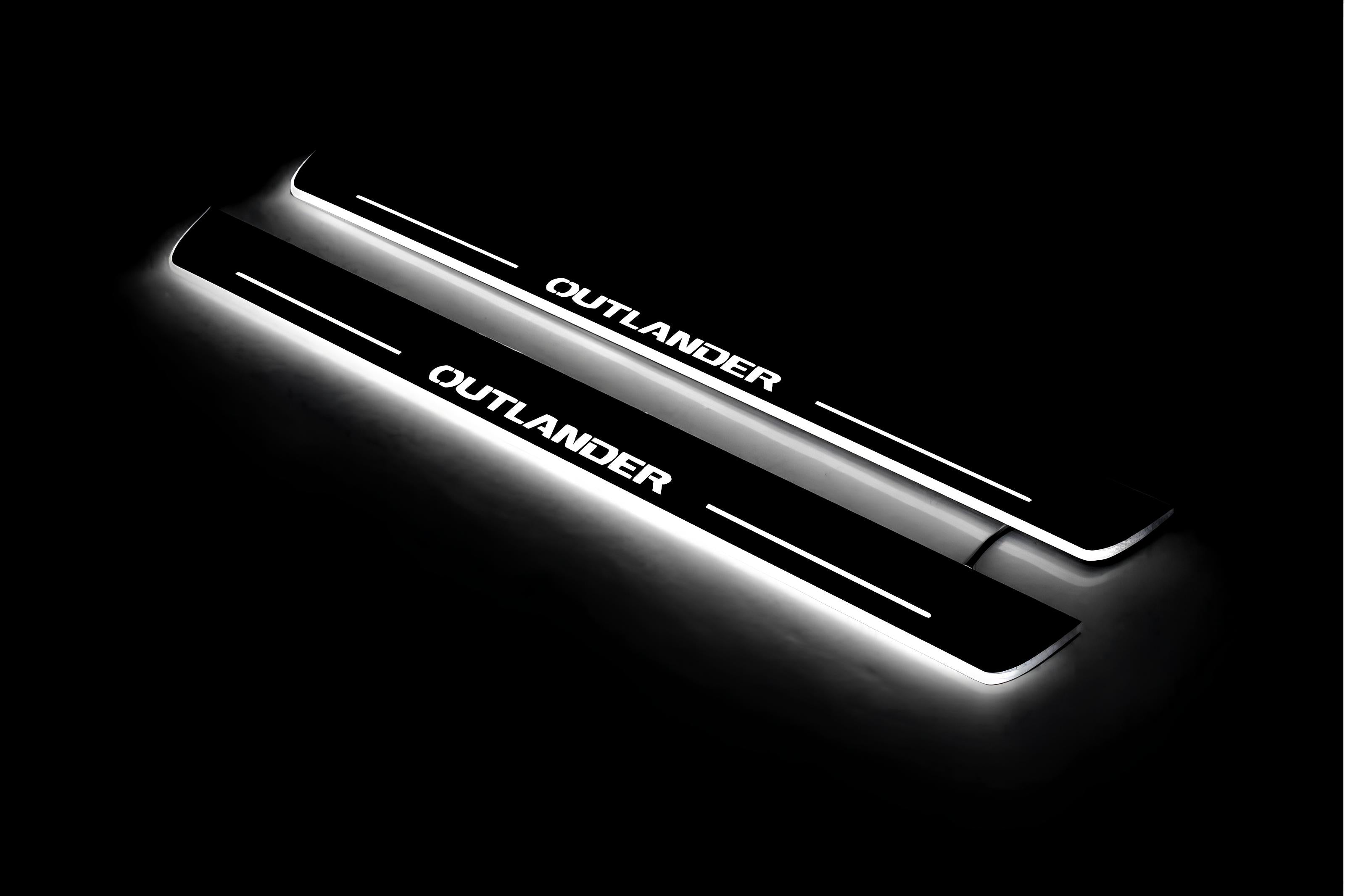 Illuminated LED Door Sill Tread Plates Mitsubishi Outlander II 2007-2012 With Outlander Logo Mitsubishi Led Door Sills opdesign