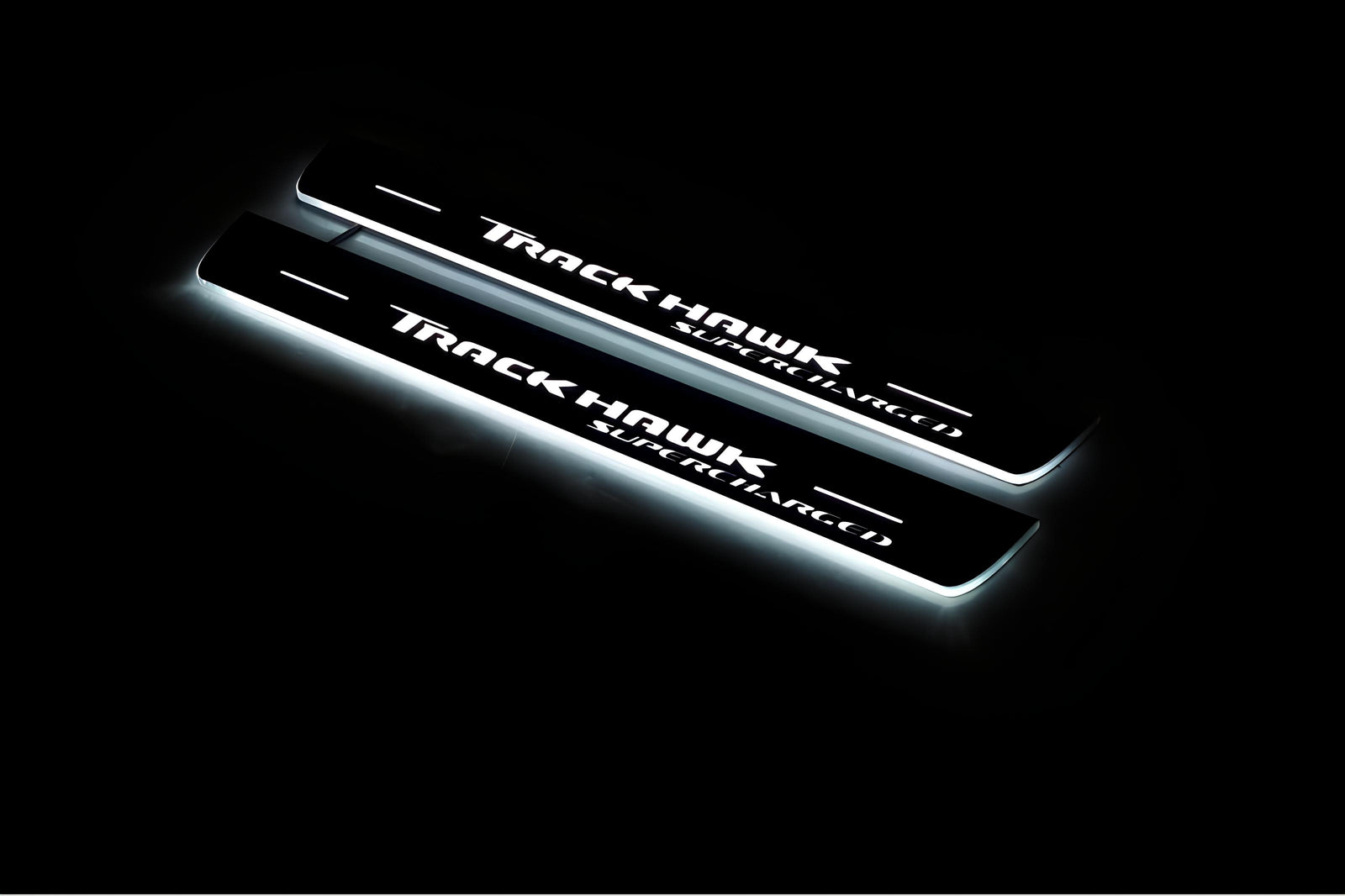 Jeep Grand Cherokee IV WK2 2010+ stainless steel illuminated entry guards with TrackHawk Supercharged logo