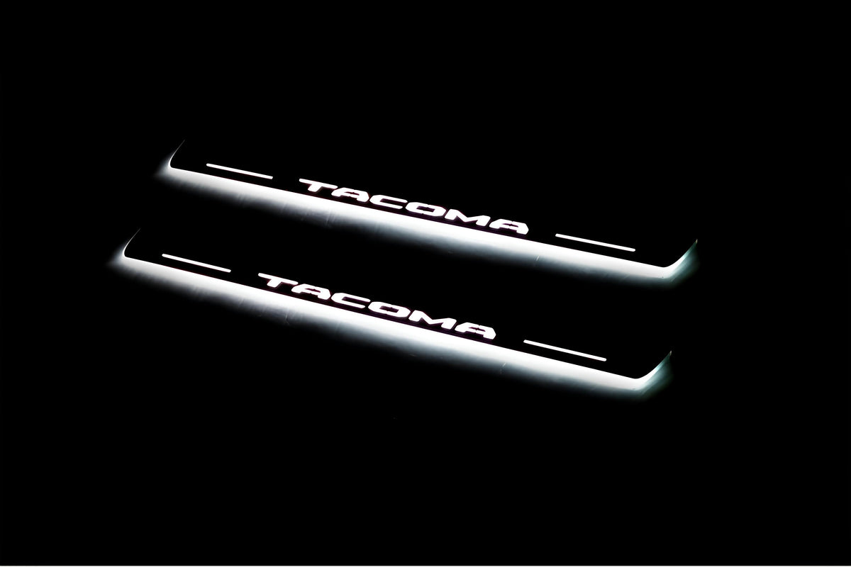 stainless steel LED door sill plates with Toyota Tacoma III 2016+ with Tacoma logo